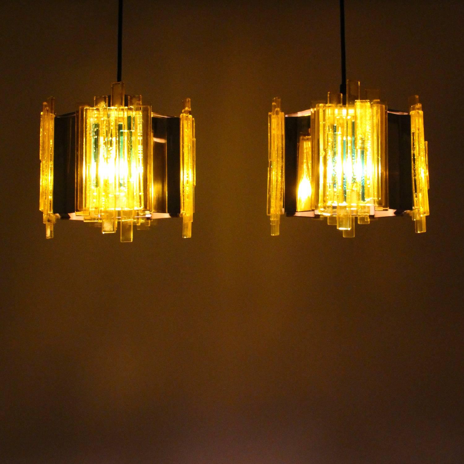 Danish Yellow Plexiglas Pendant Pair by Claus Bolby, Cebo Industri, 1970s For Sale