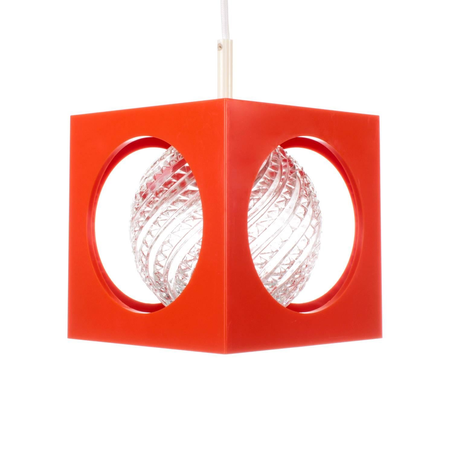 Orange and Glass Pendant, Charming 1960s Orange Ceiling Light with Glass Orb For Sale