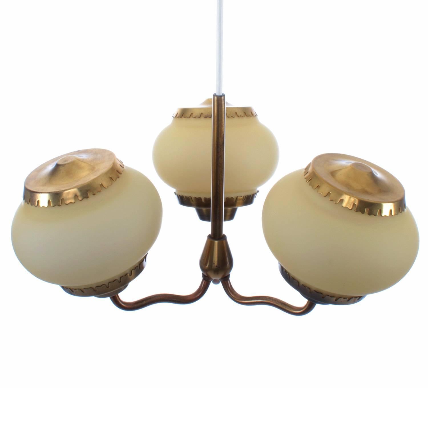 Danish Three-Light Chandelier, Opal and Brass by Bent Karlby for Lyfa, 1940s For Sale
