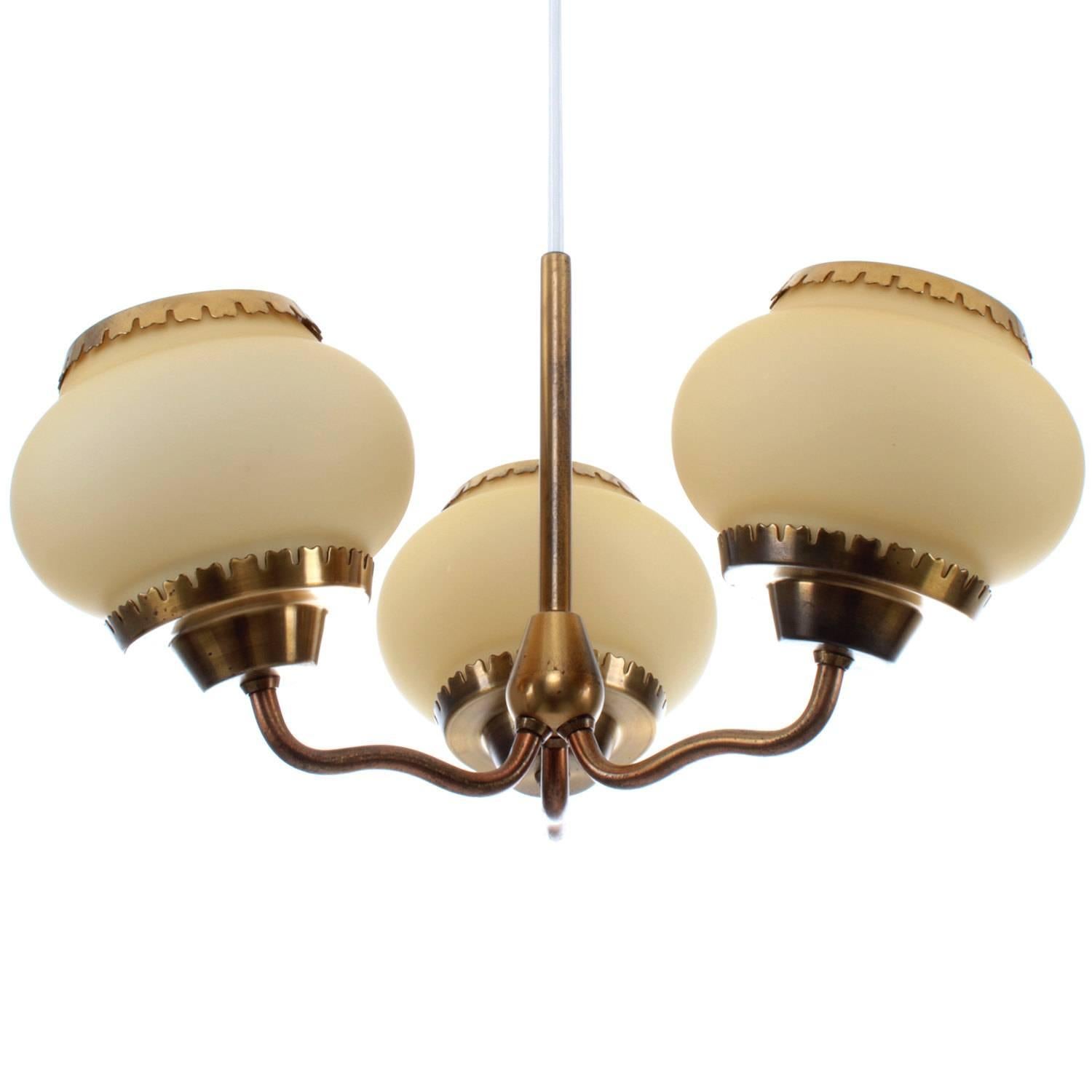 Mid-Century Modern Three-Light Chandelier, Opal and Brass by Bent Karlby for Lyfa, 1940s For Sale