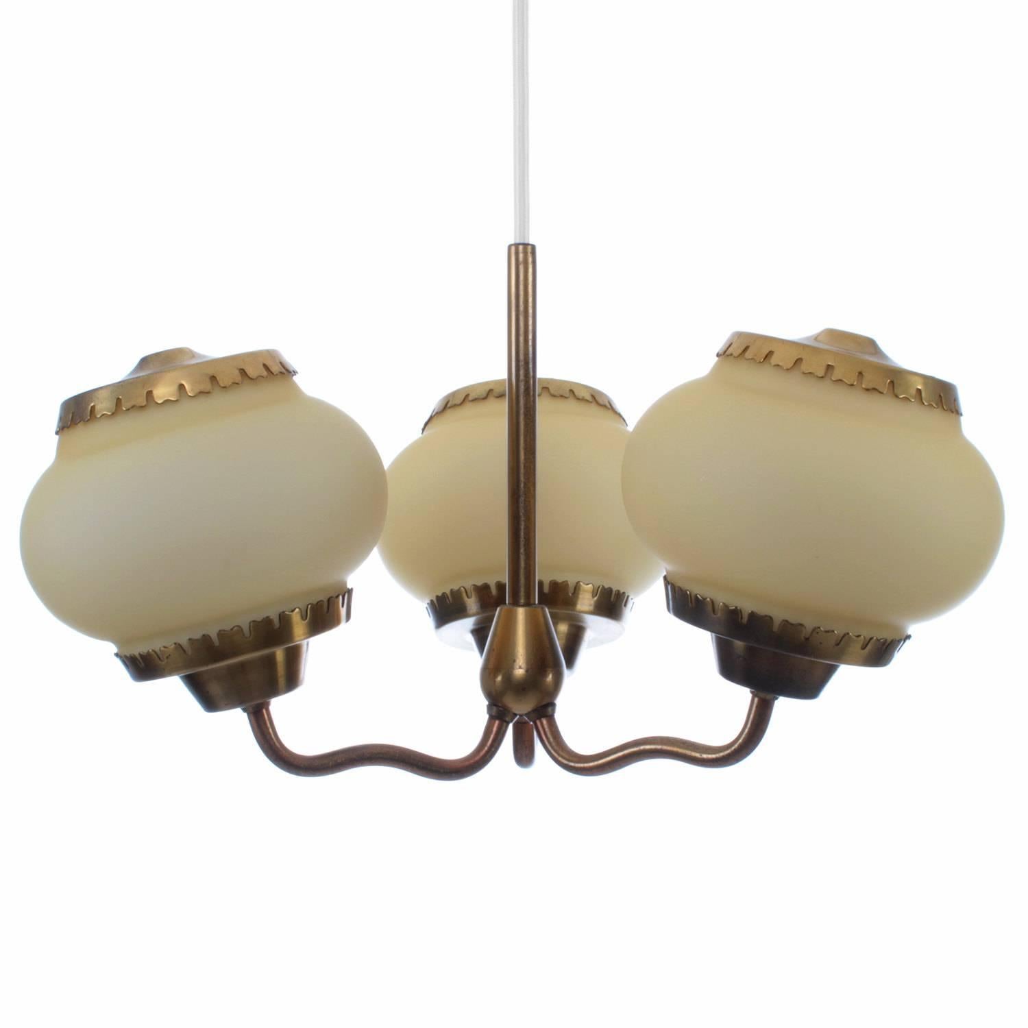 Three-Light Chandelier, Opal and Brass by Bent Karlby for Lyfa, 1940s For Sale