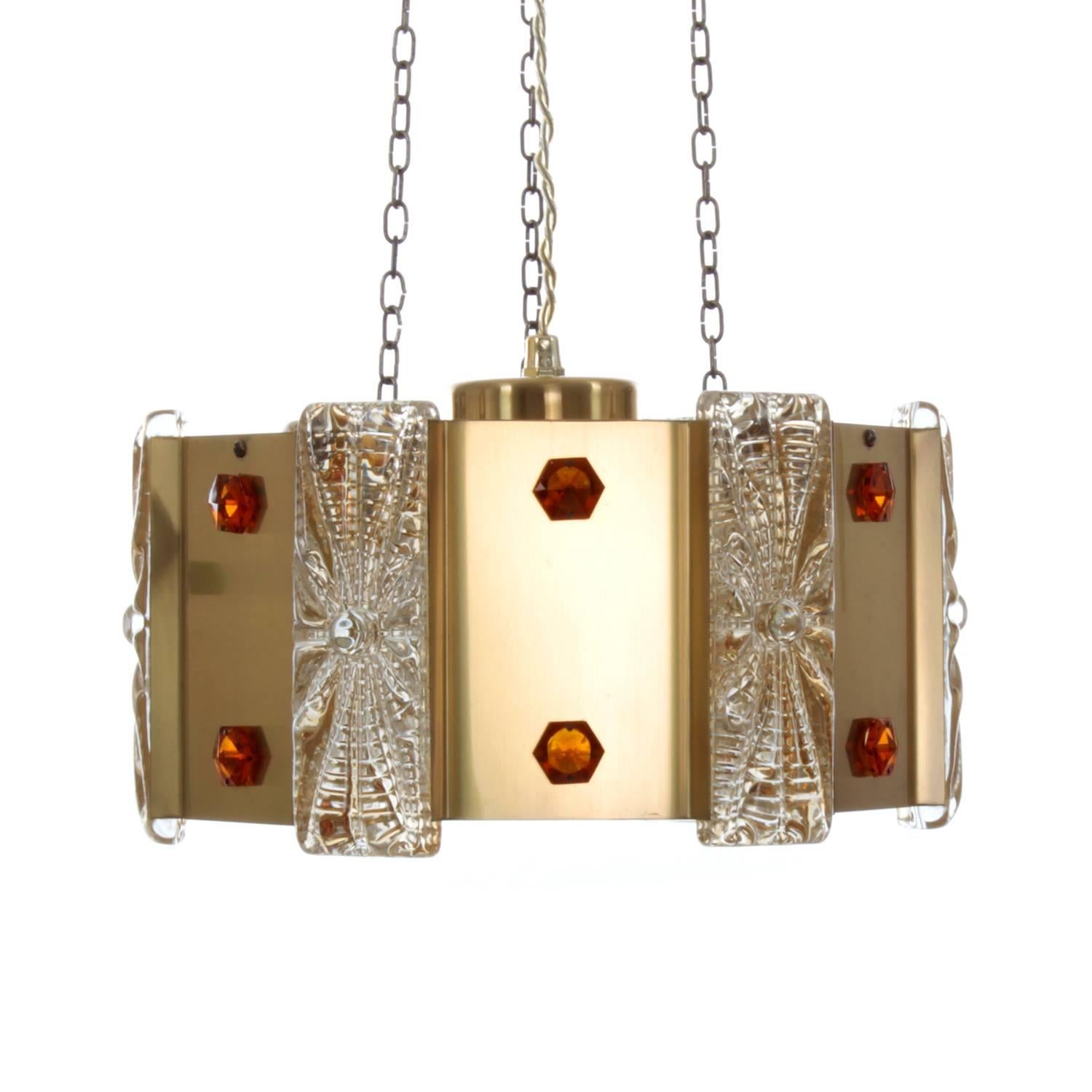 Prism Pendant by Vitrika, 1970s Brass Ceiling Light with Pressed Glass For Sale