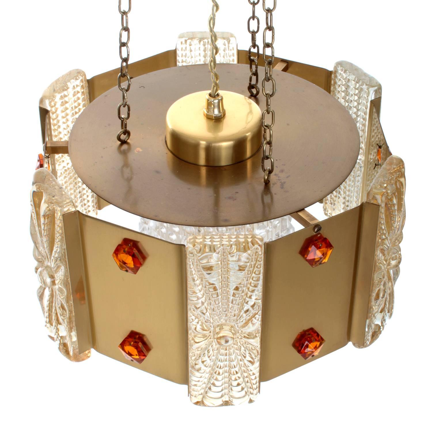 Danish Prism Pendant by Vitrika, 1970s Brass Ceiling Light with Pressed Glass For Sale