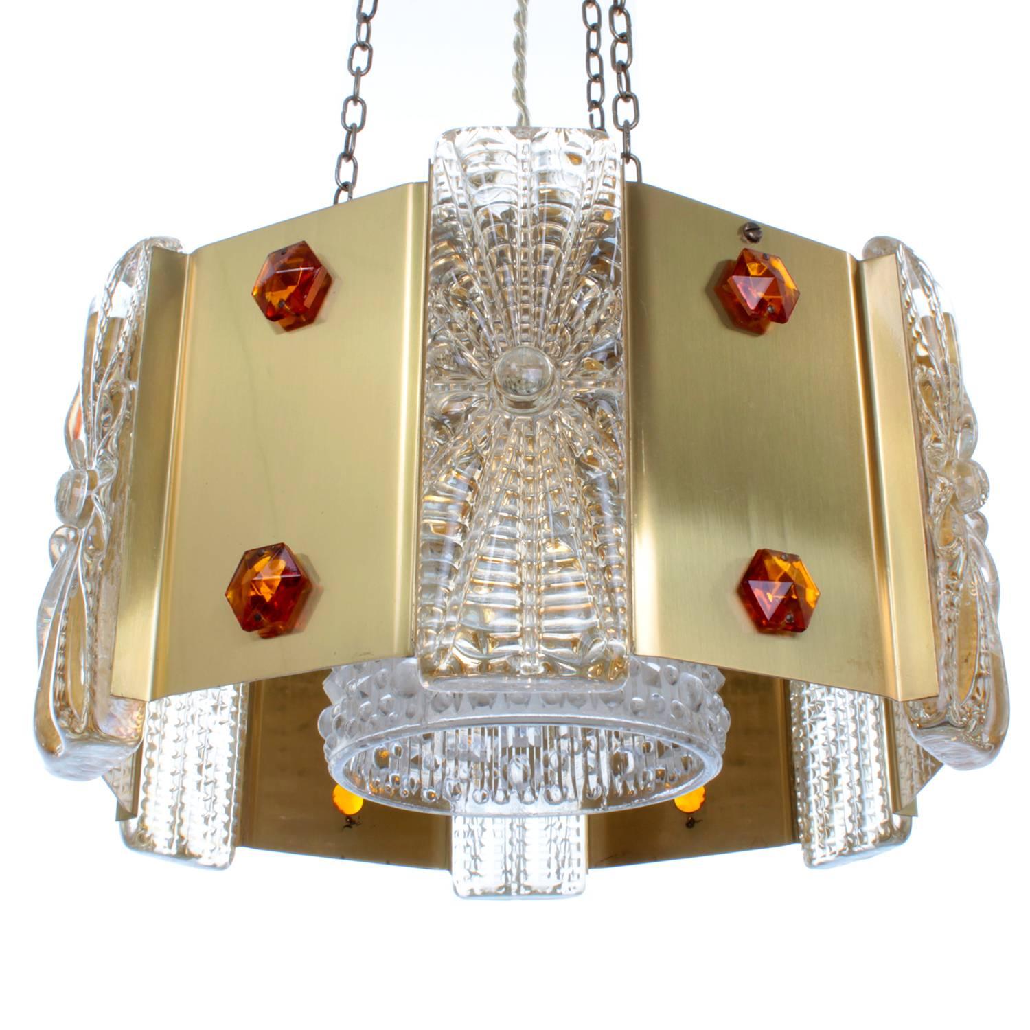 Hollywood Regency Prism Pendant by Vitrika, 1970s Brass Ceiling Light with Pressed Glass For Sale