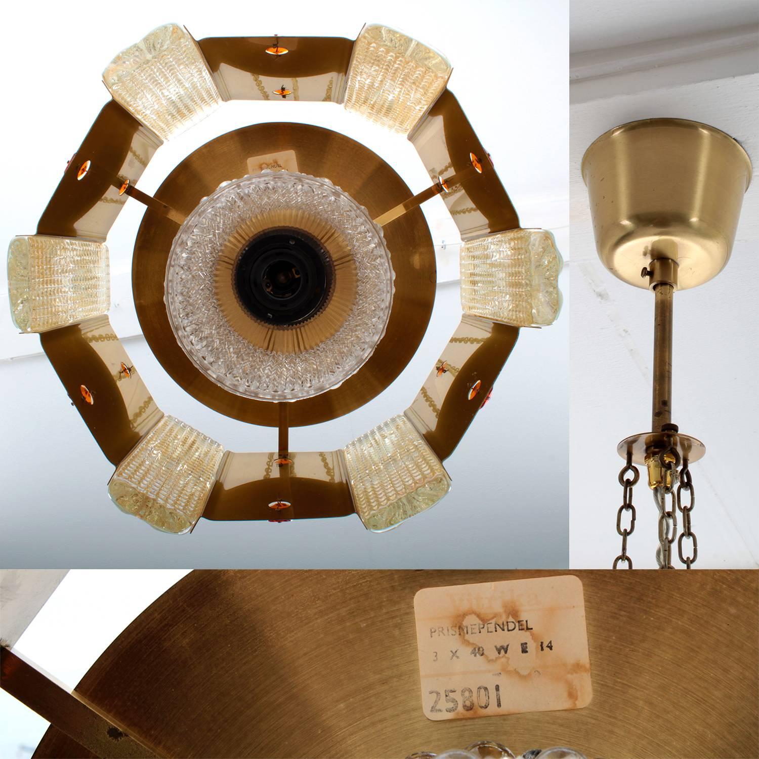 Prism Pendant by Vitrika, 1970s Brass Ceiling Light with Pressed Glass In Excellent Condition For Sale In Frederiksberg, DK