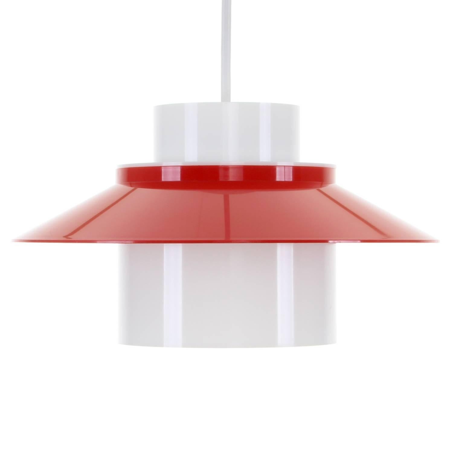 Dinette, Red and White Acrylic Pendant Light by Bent Karlby, 1970, Lyfa For Sale