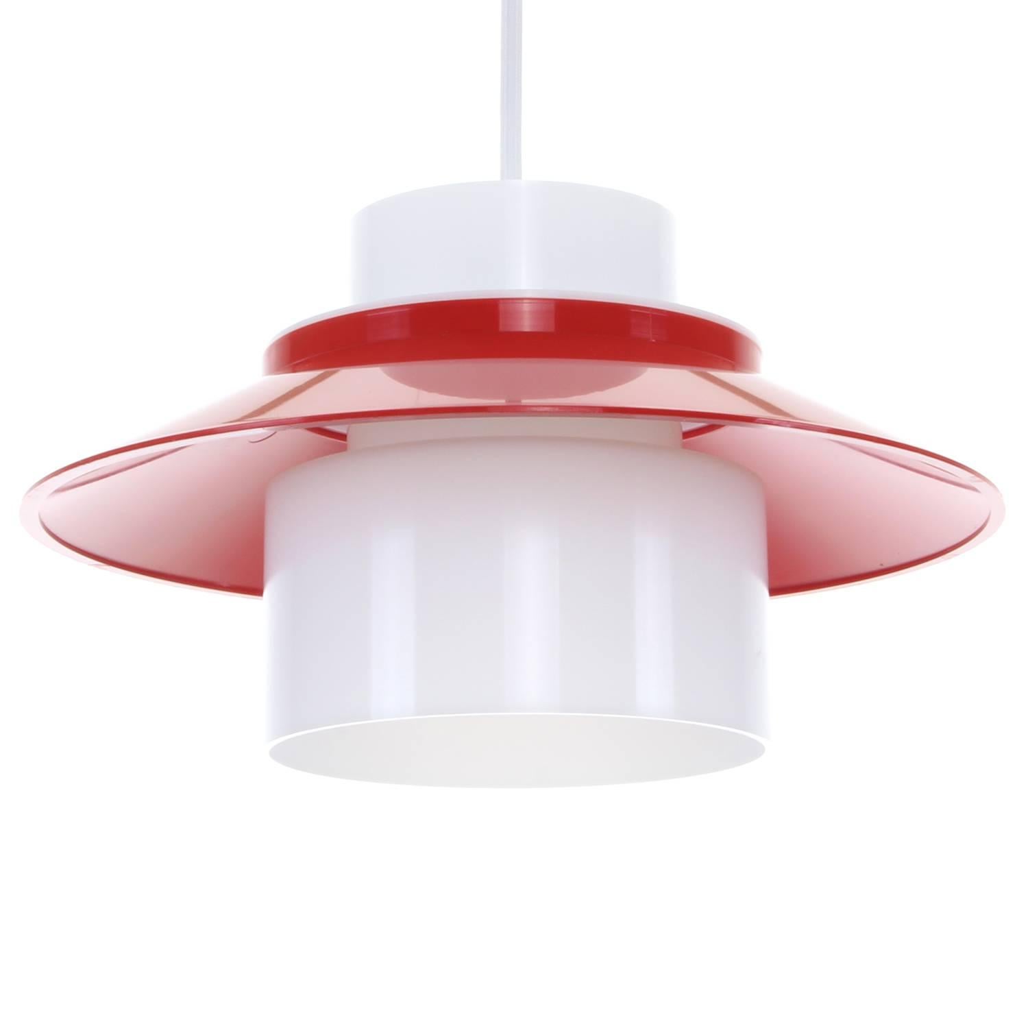 Scandinavian Modern Dinette, Red and White Acrylic Pendant Light by Bent Karlby, 1970, Lyfa For Sale