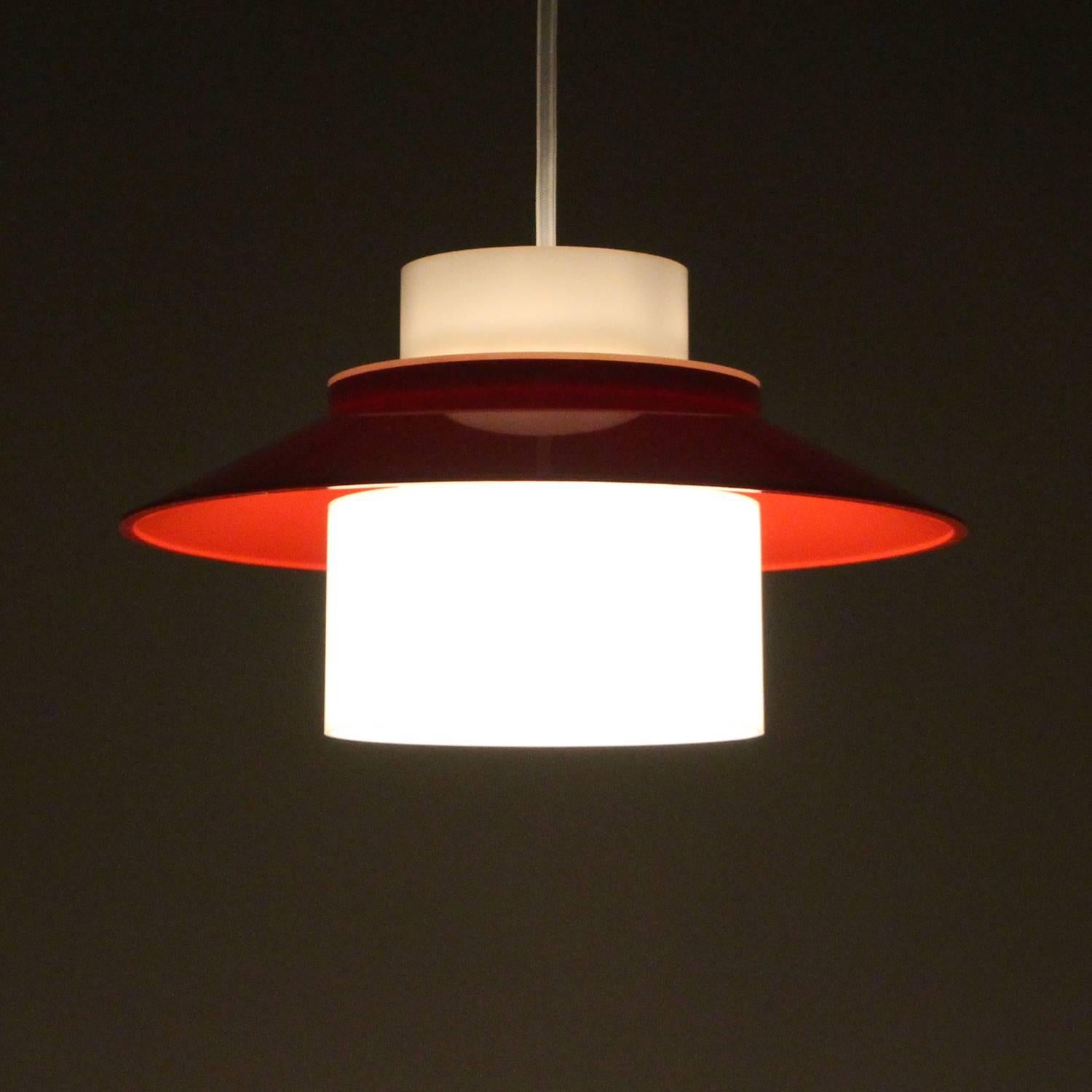 Danish Dinette, Red and White Acrylic Pendant Light by Bent Karlby, 1970, Lyfa For Sale