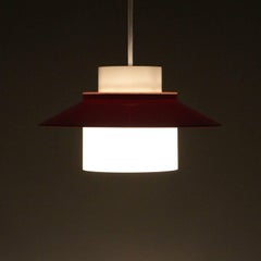 Dinette, Red and White Acrylic Pendant Light by Bent Karlby, 1970, Lyfa