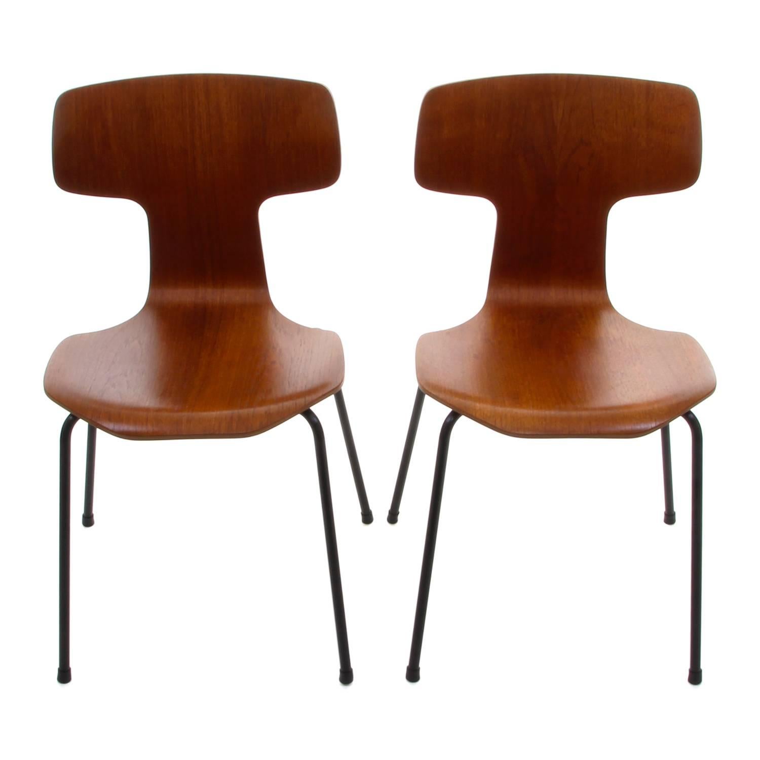 Scandinavian Modern Two Teak T-Chairs, Model 3103 Dining Chairs by Arne Jacobsen, Fritz Hansen, 1955 For Sale