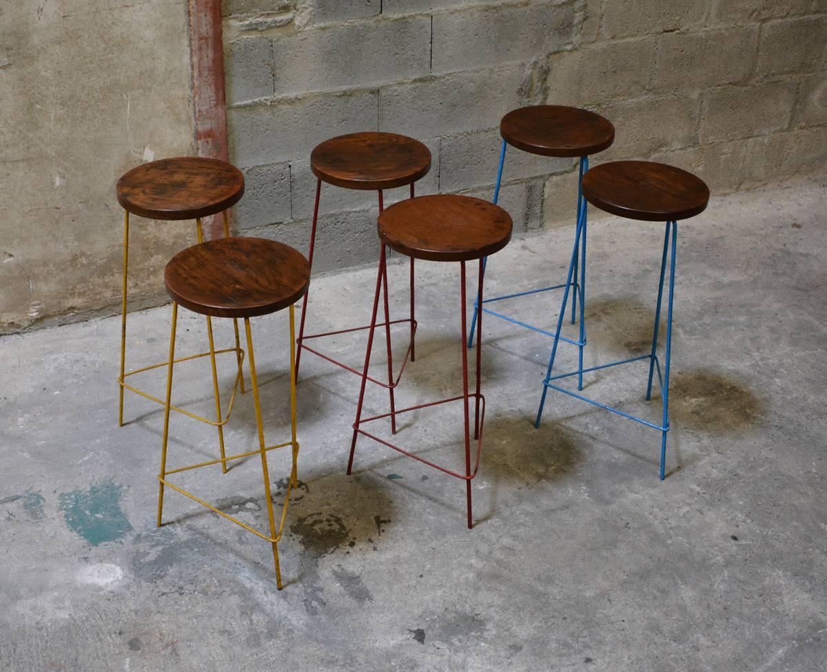 Indian Pierre Jeanneret Unique Set of Six Hight Stools For Sale