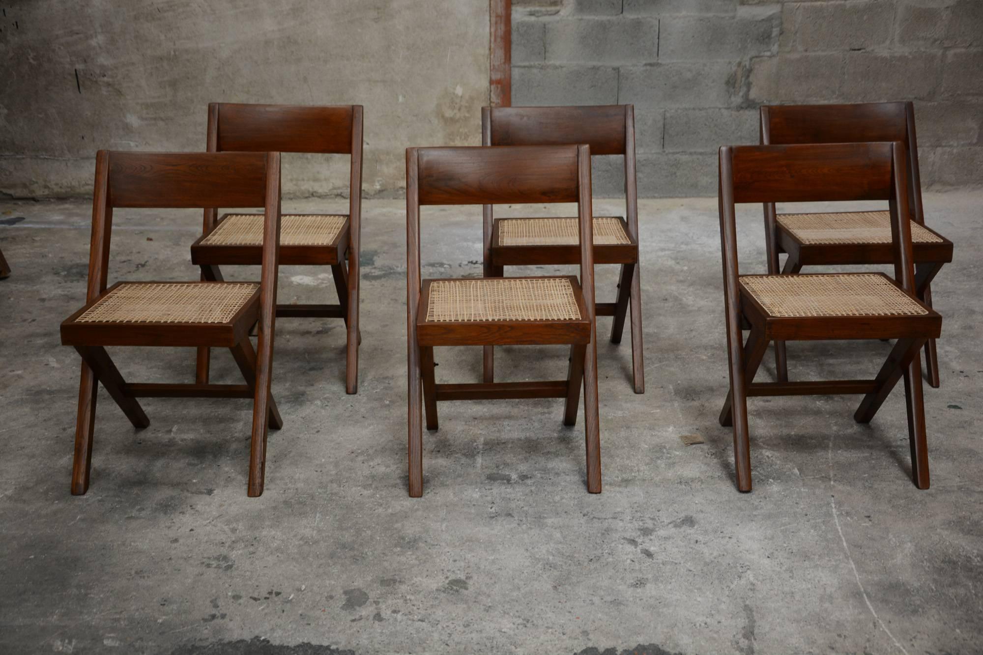 Indian Pierre Jeanneret Unique Set of Six Library Chairs
