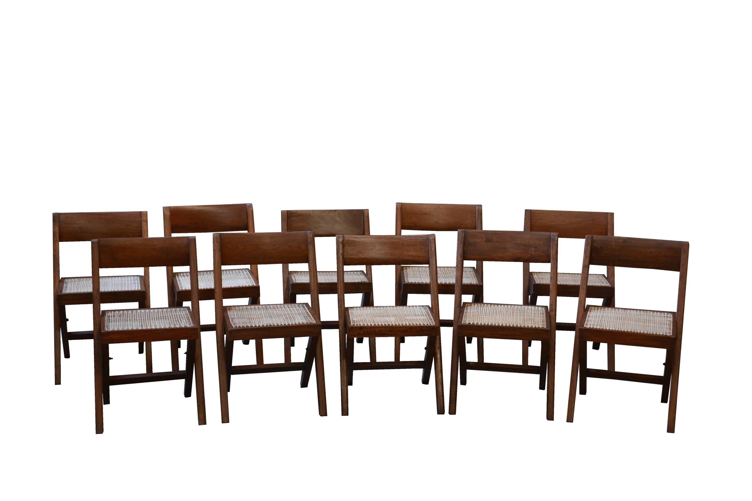 Pierre Jeanneret Unique Set of 10 Library Chairs For Sale
