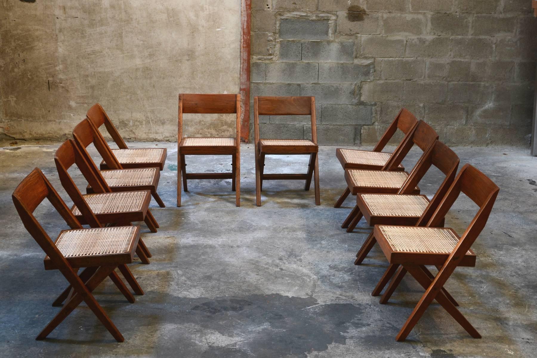 Pierre Jeanneret, unique set of 10 Library Chairs for the Court Building and the University Library in Chandigarh, India. Teak, woven cane. These Chairs are completely original except the caning (all these chairs have been re-caned five or six times