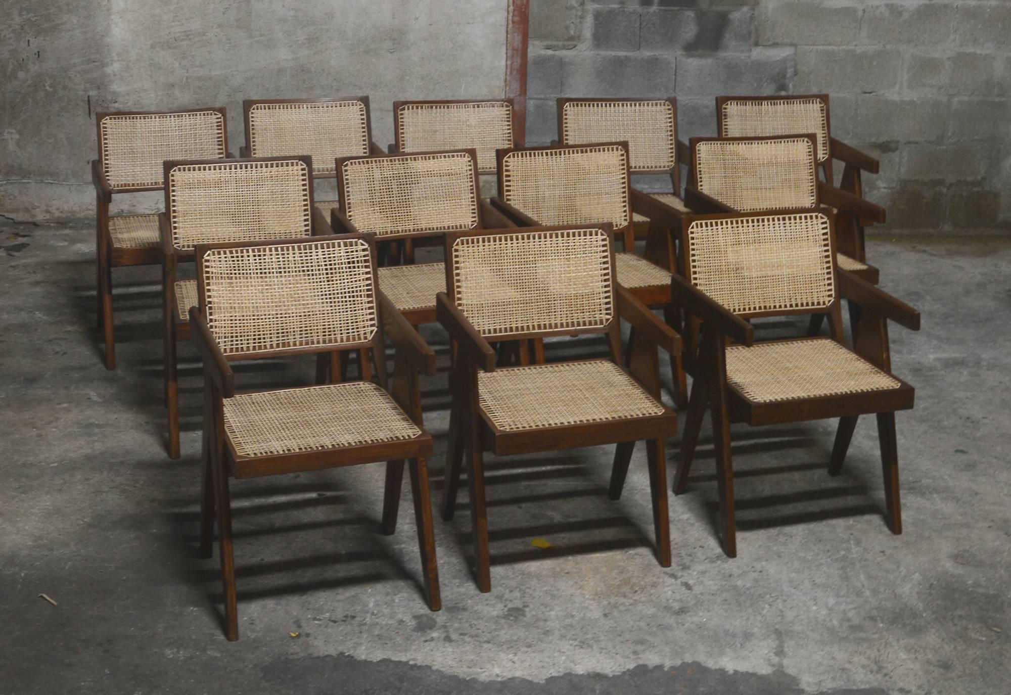 Indian Pierre Jeanneret, Rare Set of 12 Office Chairs