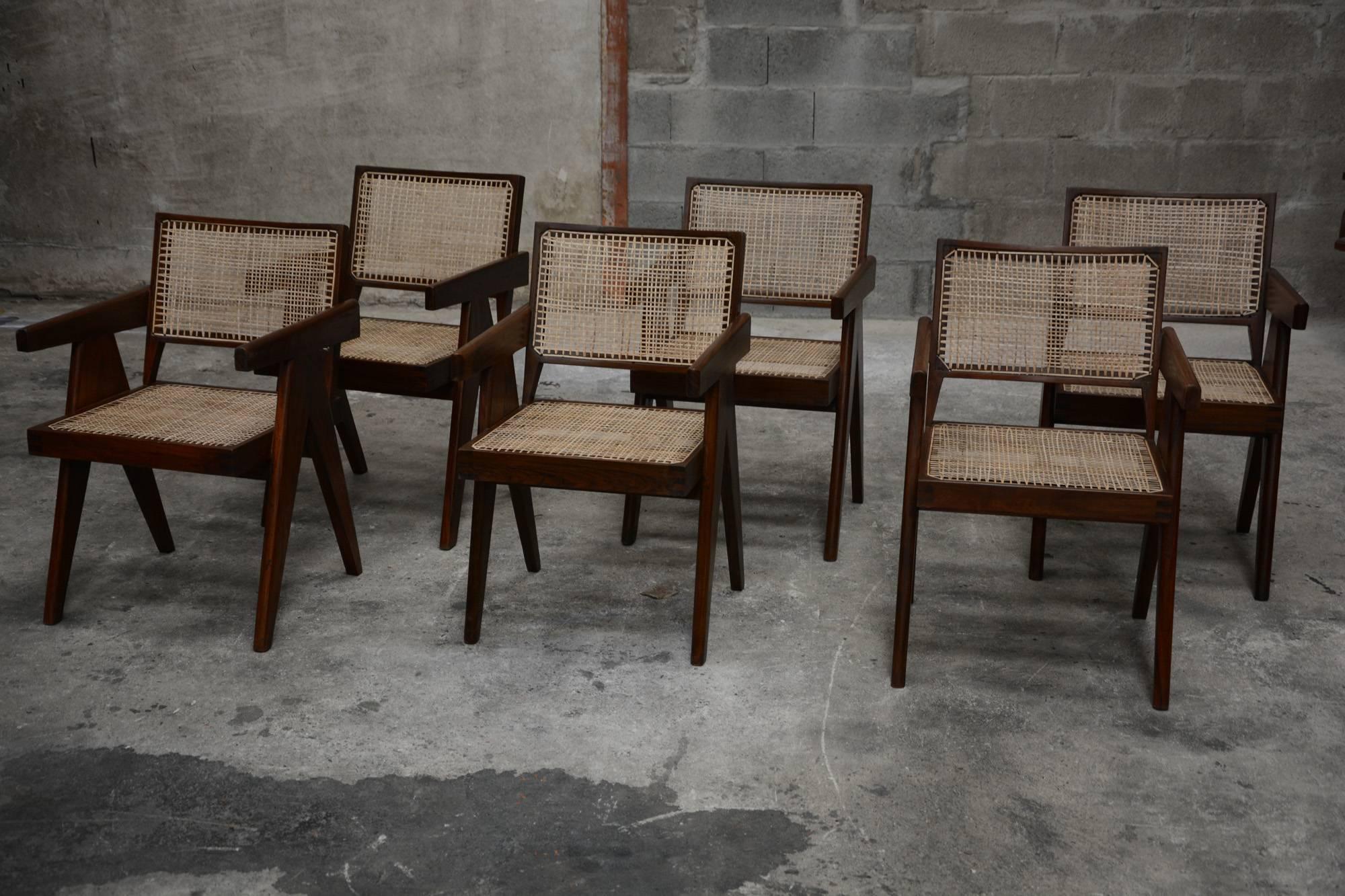 Indian Pierre Jeanneret, Rare Set of Six Office Chairs