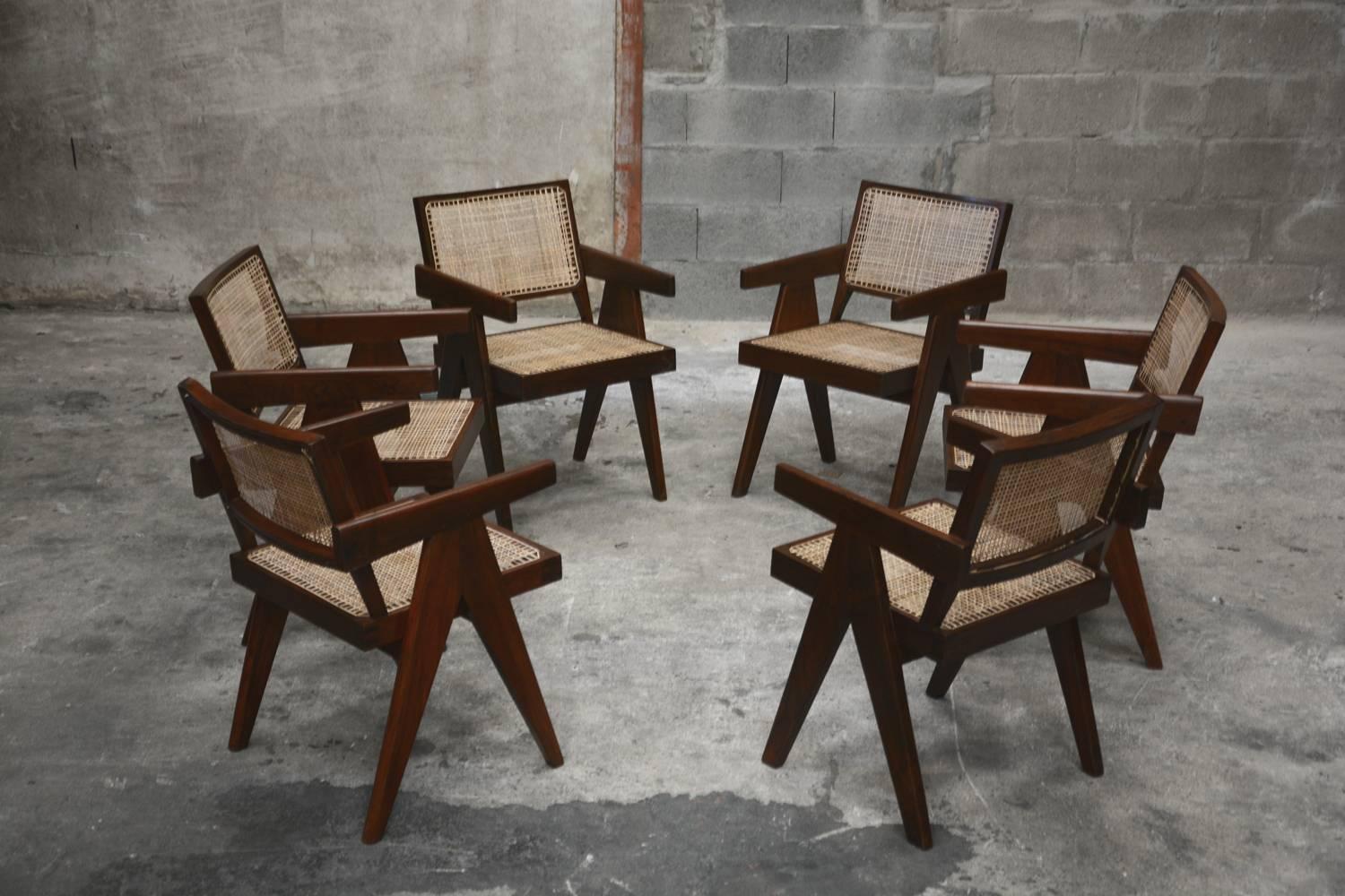 Mid-20th Century Pierre Jeanneret, Rare Set of Six Office Chairs