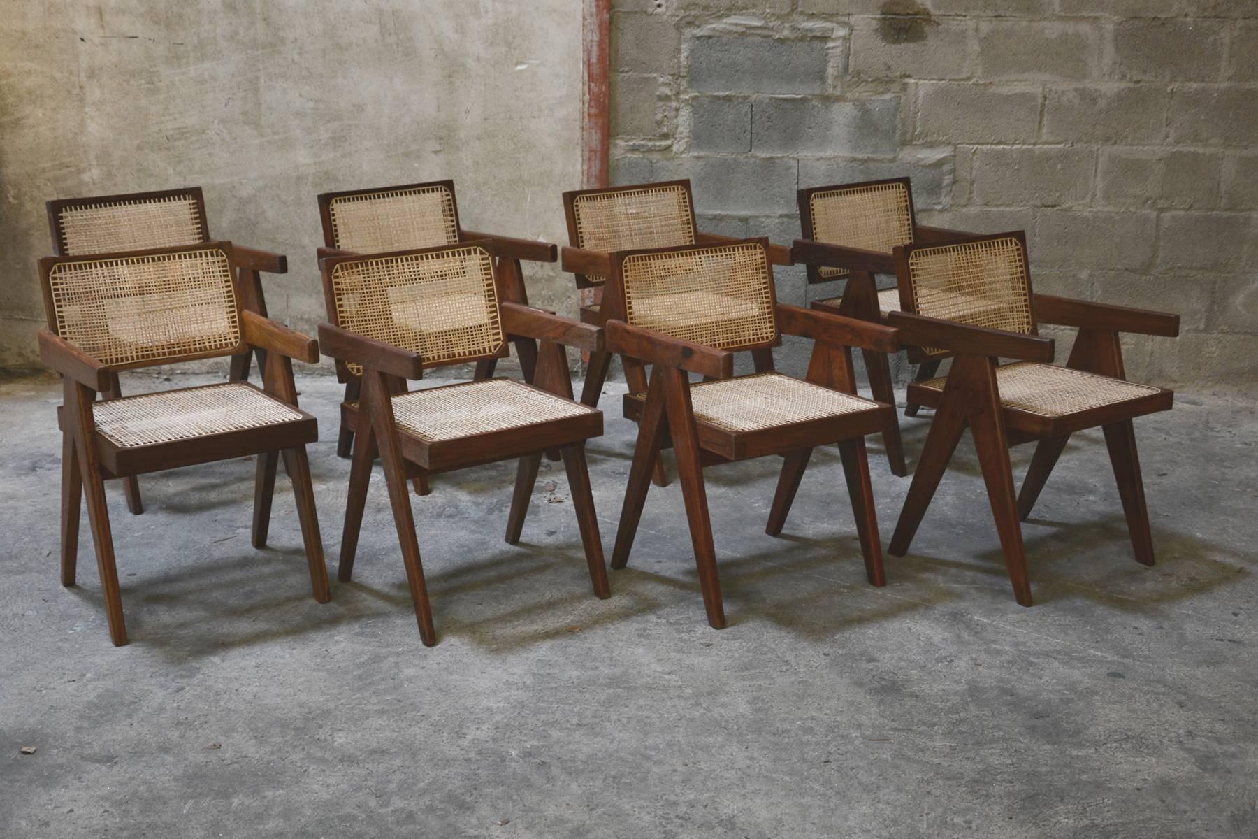 Indian Pierre Jeanneret, Rare Set of Eight Office Chairs