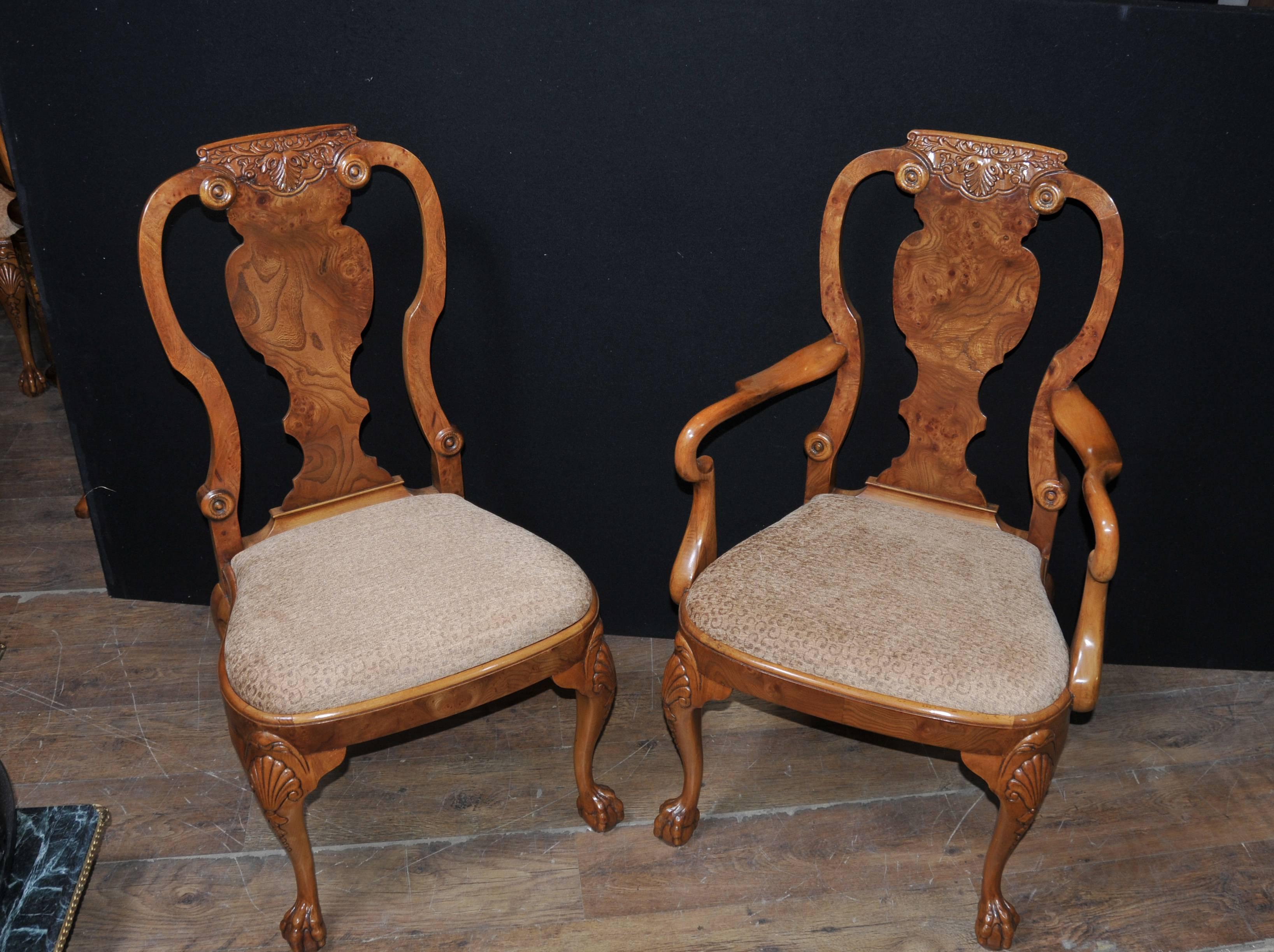 Set of Eight Walnut Queen Anne Style Dining Chairs For Sale 2