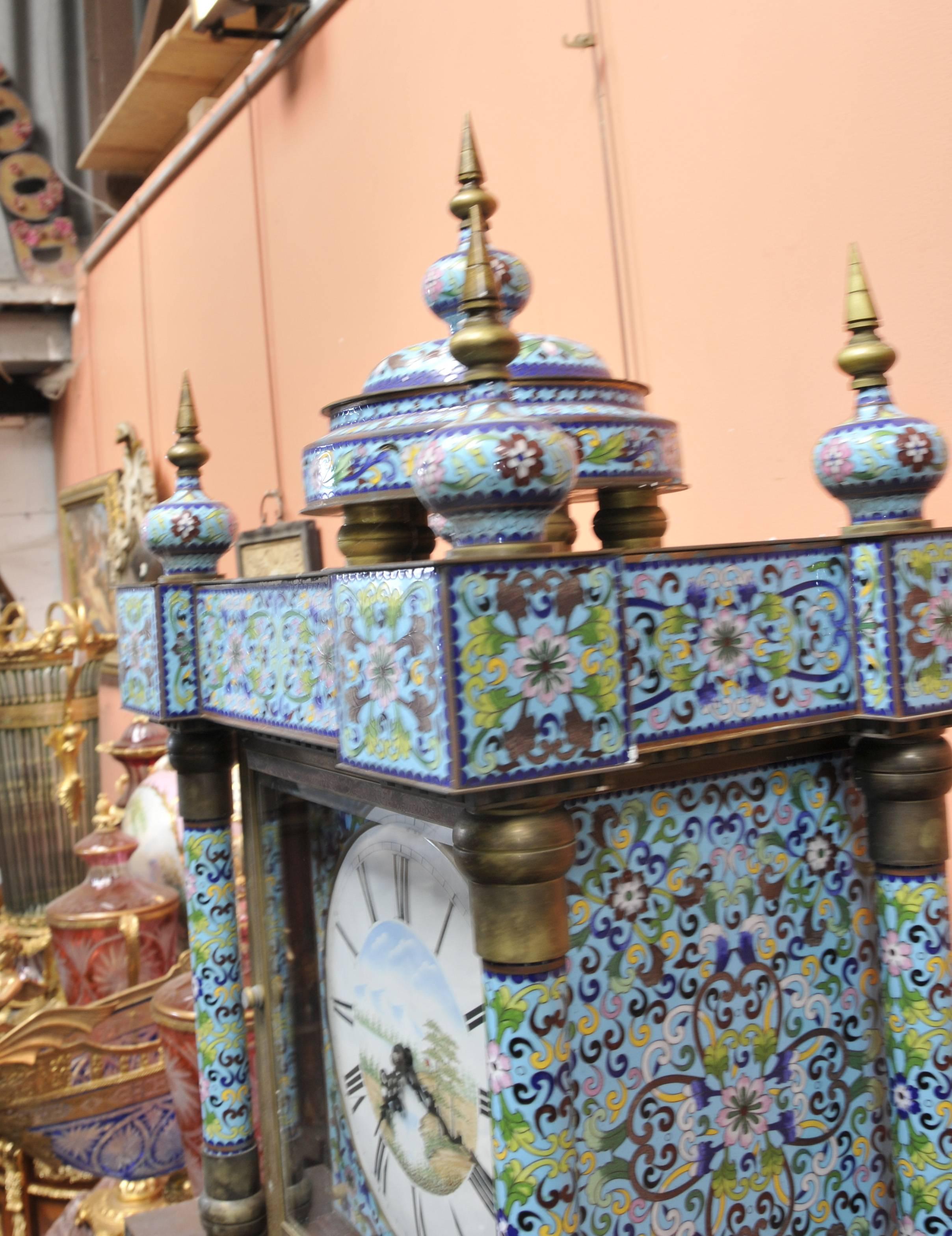 French Antique Cloisonné Grandfather Clock Chinese Original Champlevé In Excellent Condition In Potters Bar, Herts