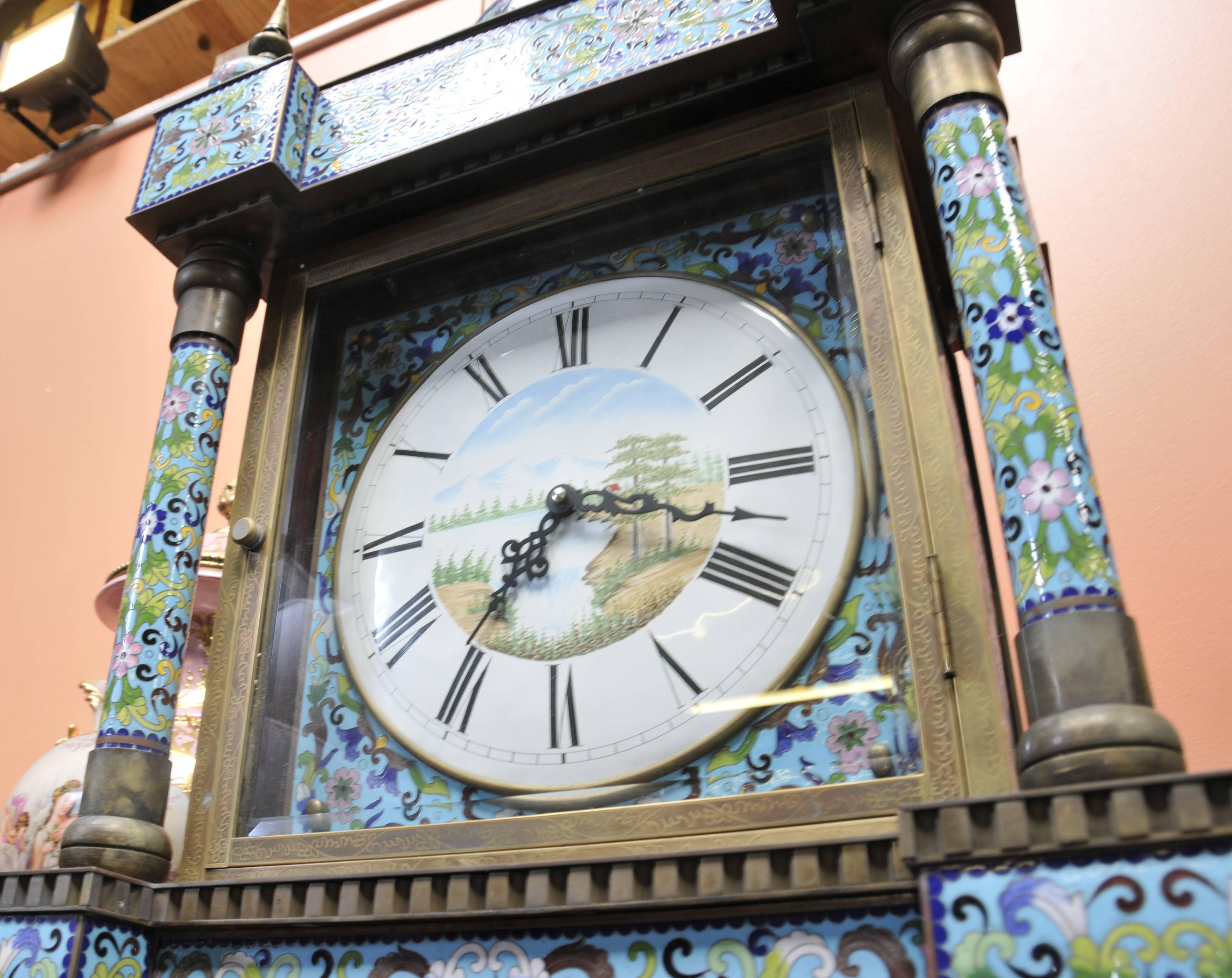 French Antique Cloisonné Grandfather Clock Chinese Original Champlevé 2