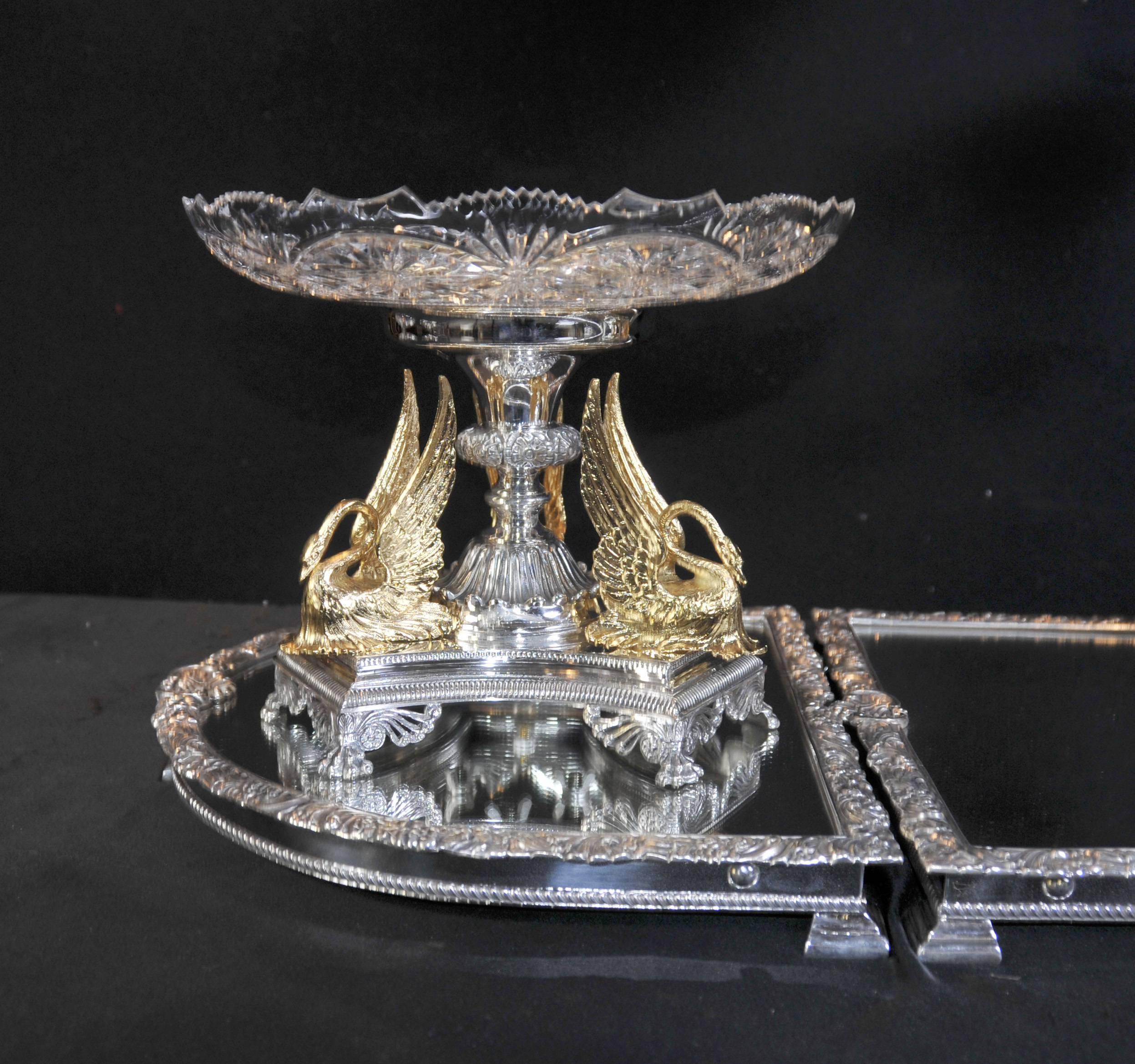 English Victorian Style Silver Plate Epergne Centerpiece Gilt Swan Dish Bowl For Sale