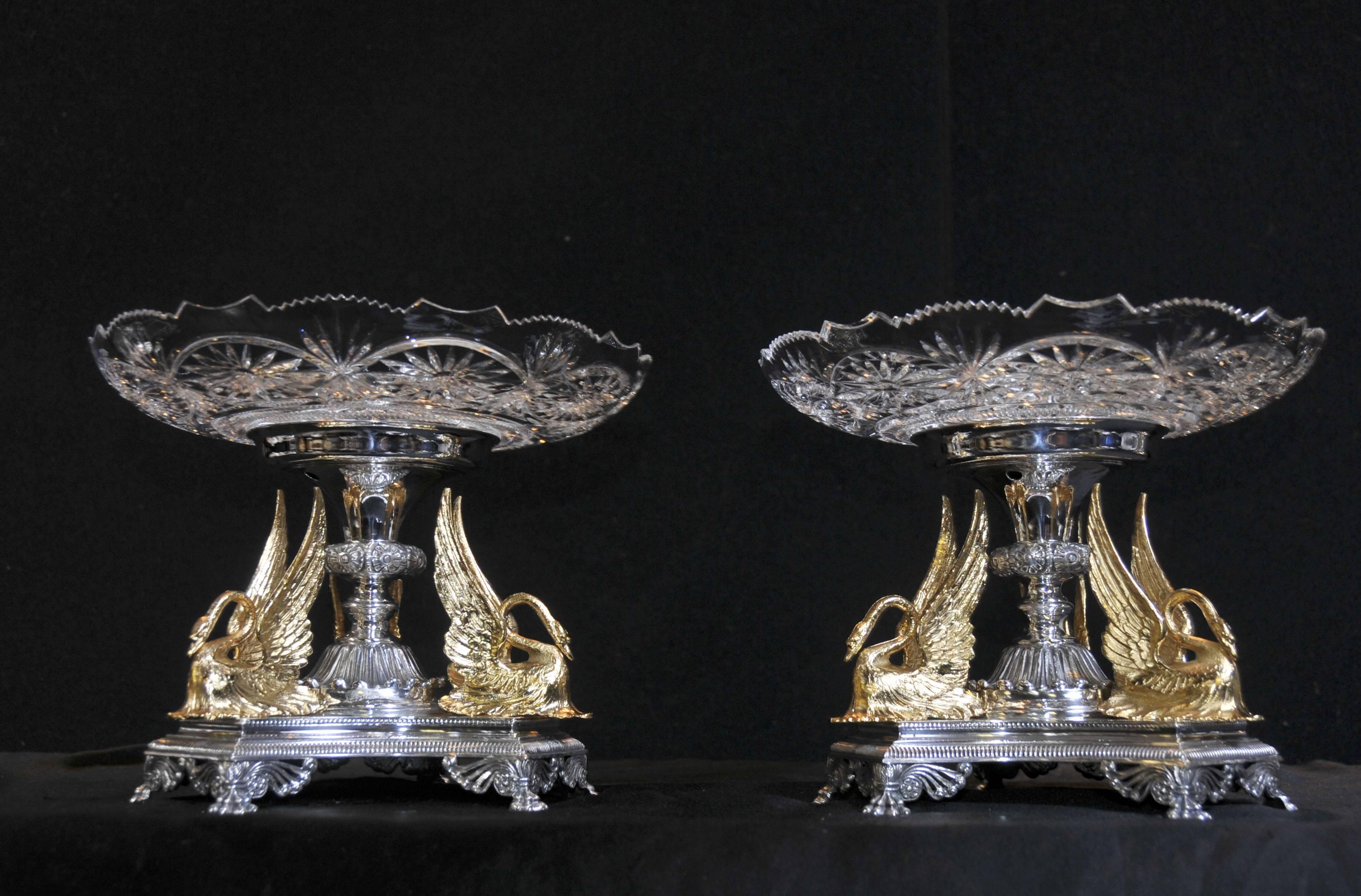 20th Century Victorian Style Silver Plate Epergne Centerpiece Gilt Swan Dish Bowl For Sale