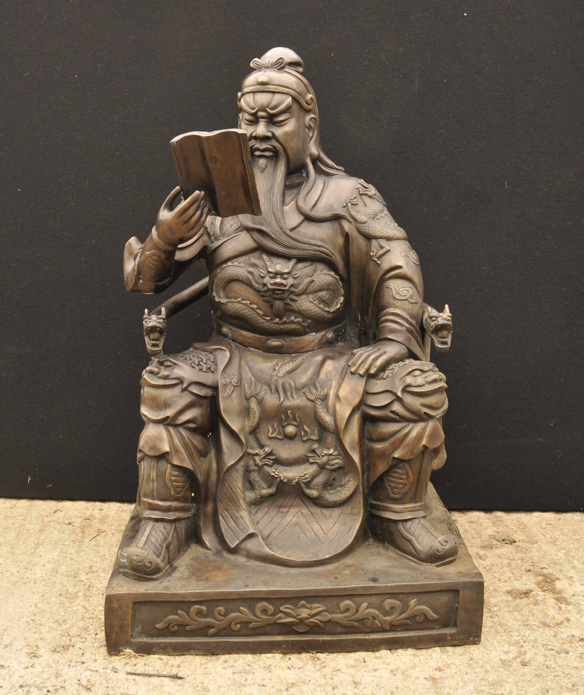 Late 20th Century Big Japanese Bronze Statue Reading Man Emperor Shogun Samurai For Sale