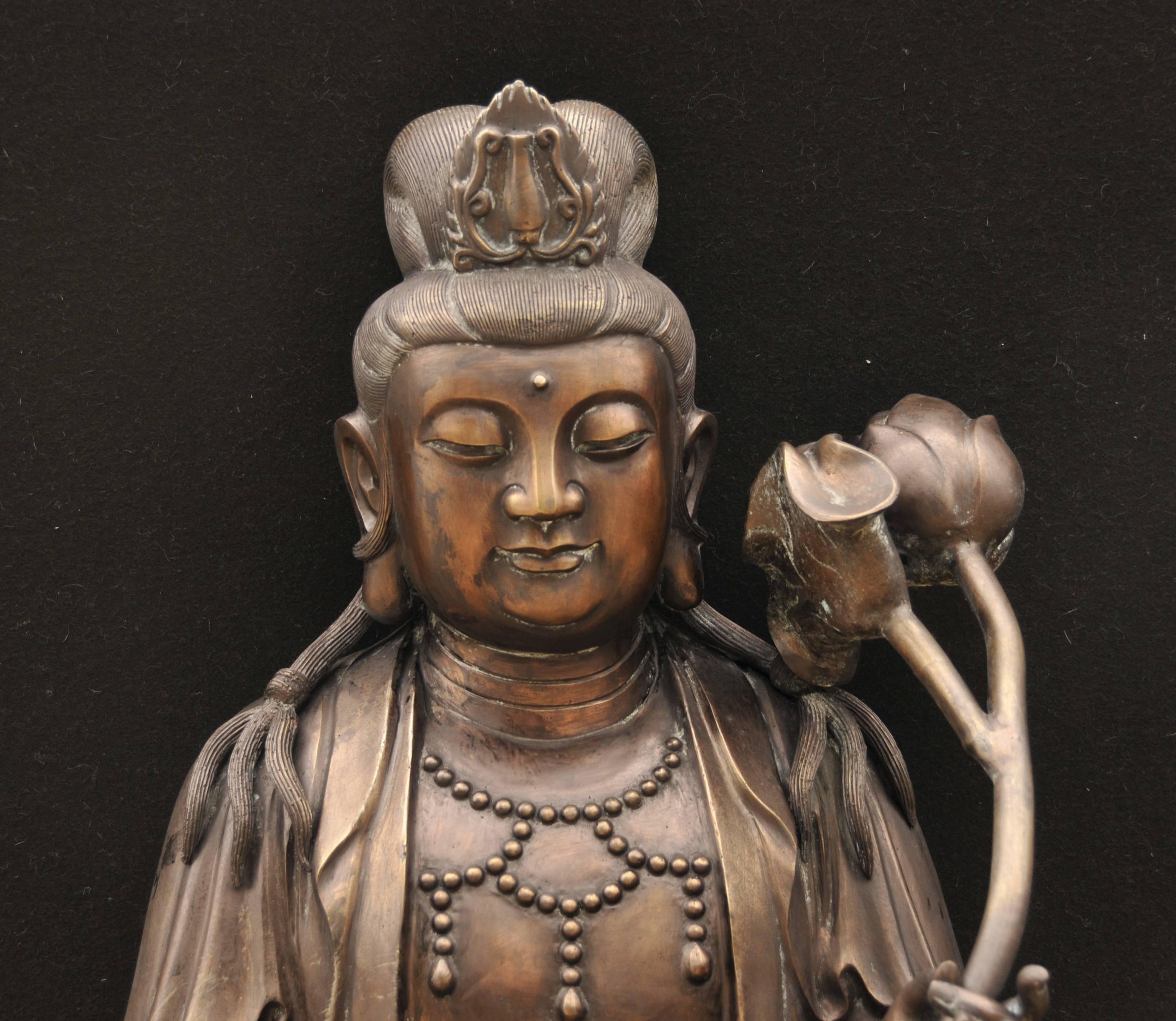 Late 20th Century Large Bronze Buddha Statue Lotus Flower Sculpture Buddhism Burmese Buddhist For Sale