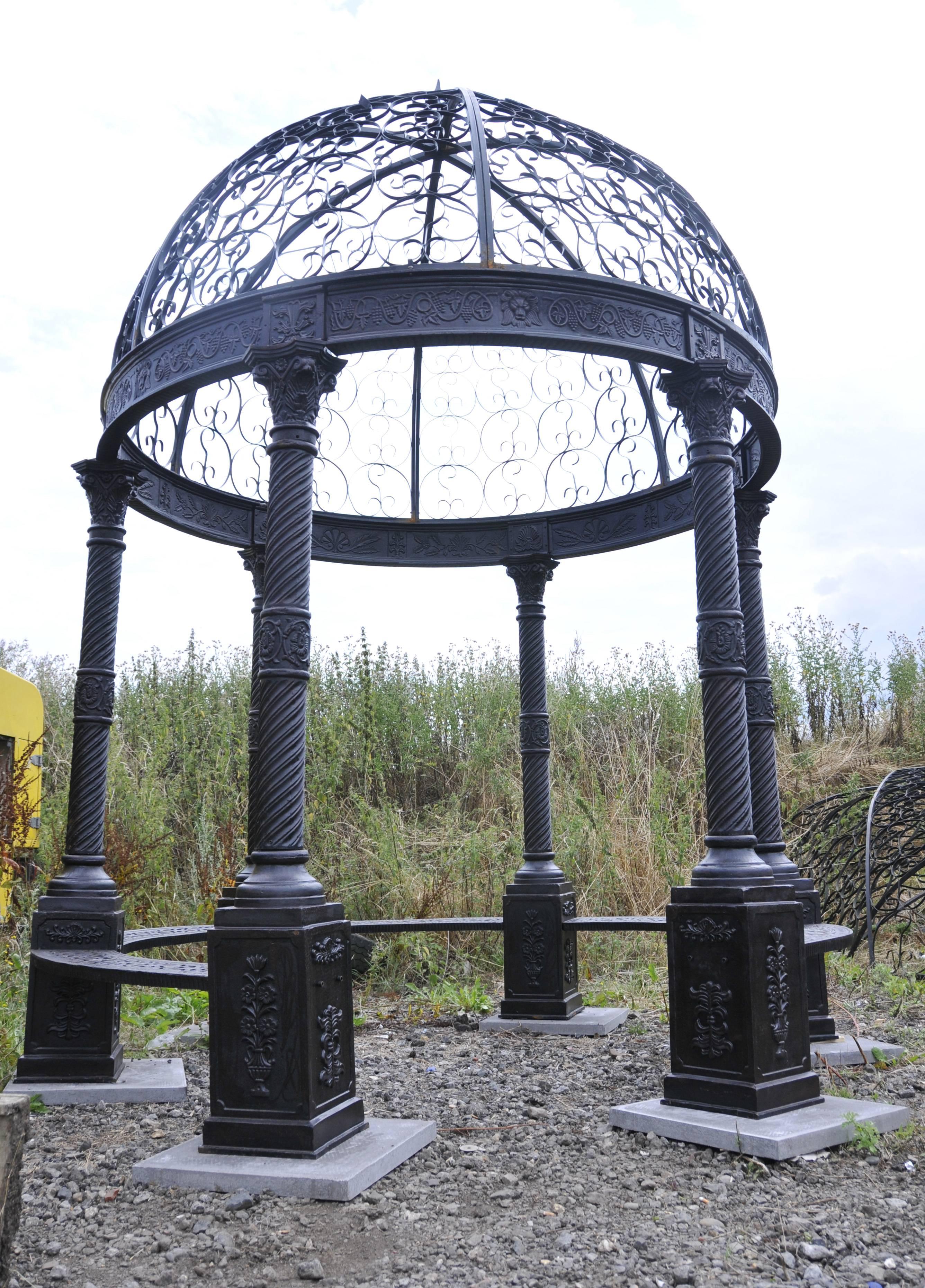 Massive cast iron Victorian style gazebo of an architectural importance.
Stands in at nearly fifteen feet tall so very big.
Once set up over months and years foliage and vines will grow over the canopy to give extra shade and to look incredibly