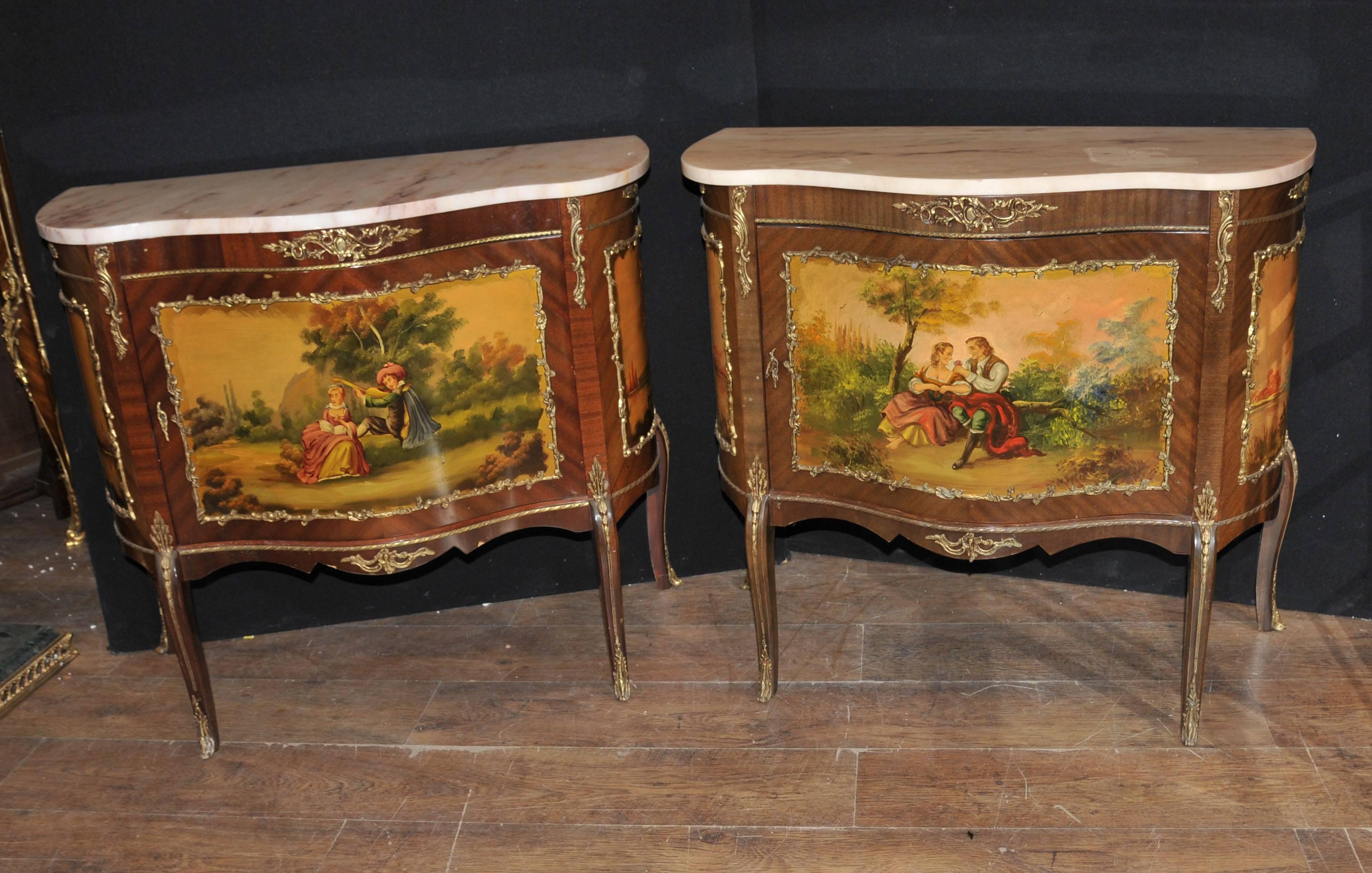 Pair of French Vernis Martin Style Painted Chests Cabinets Lacquer Commodes In Good Condition For Sale In Potters Bar, Herts