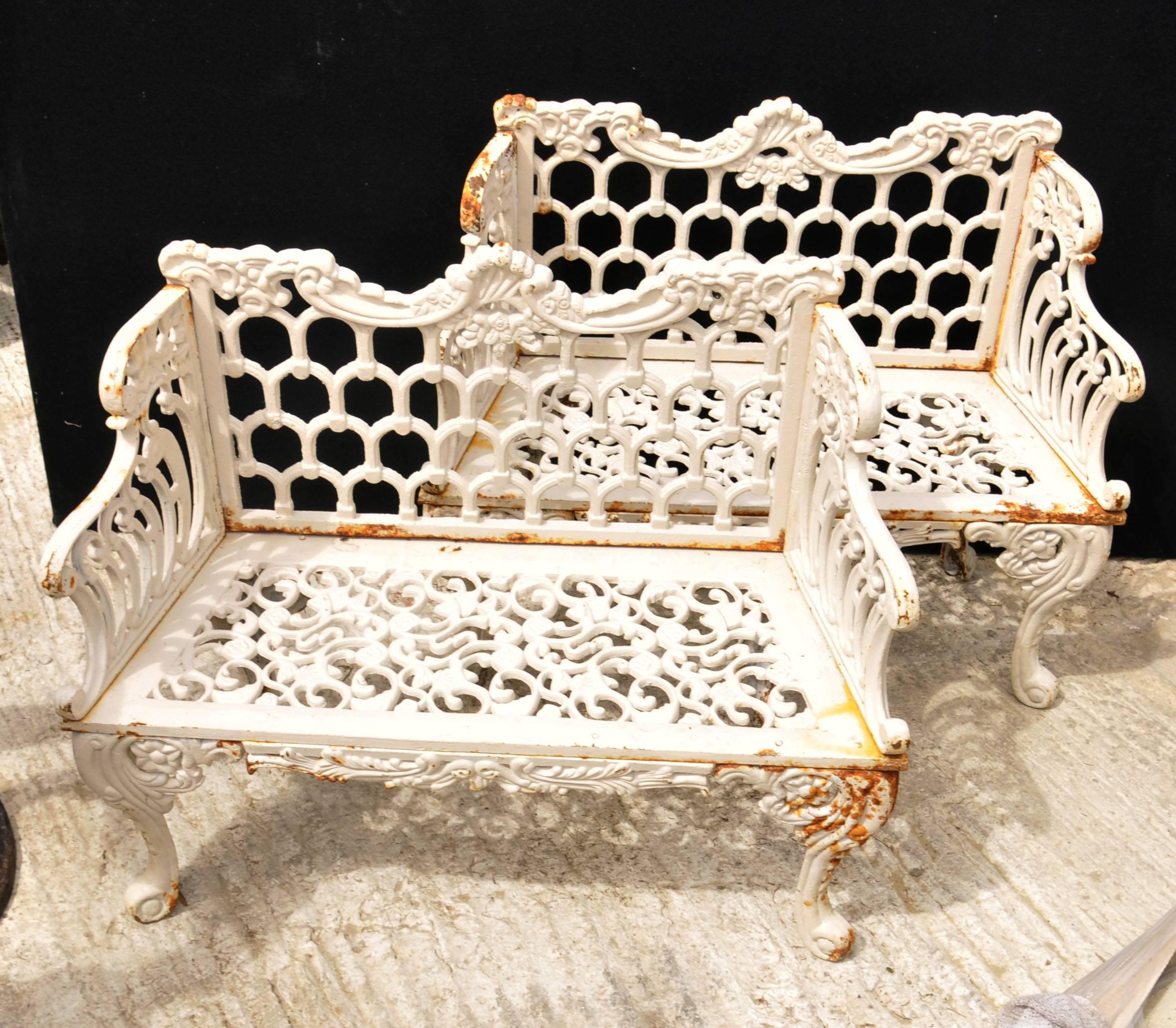 Victorian Pair of Cast Iron Coalbrookdale Style Horseshoe Garden Benches For Sale