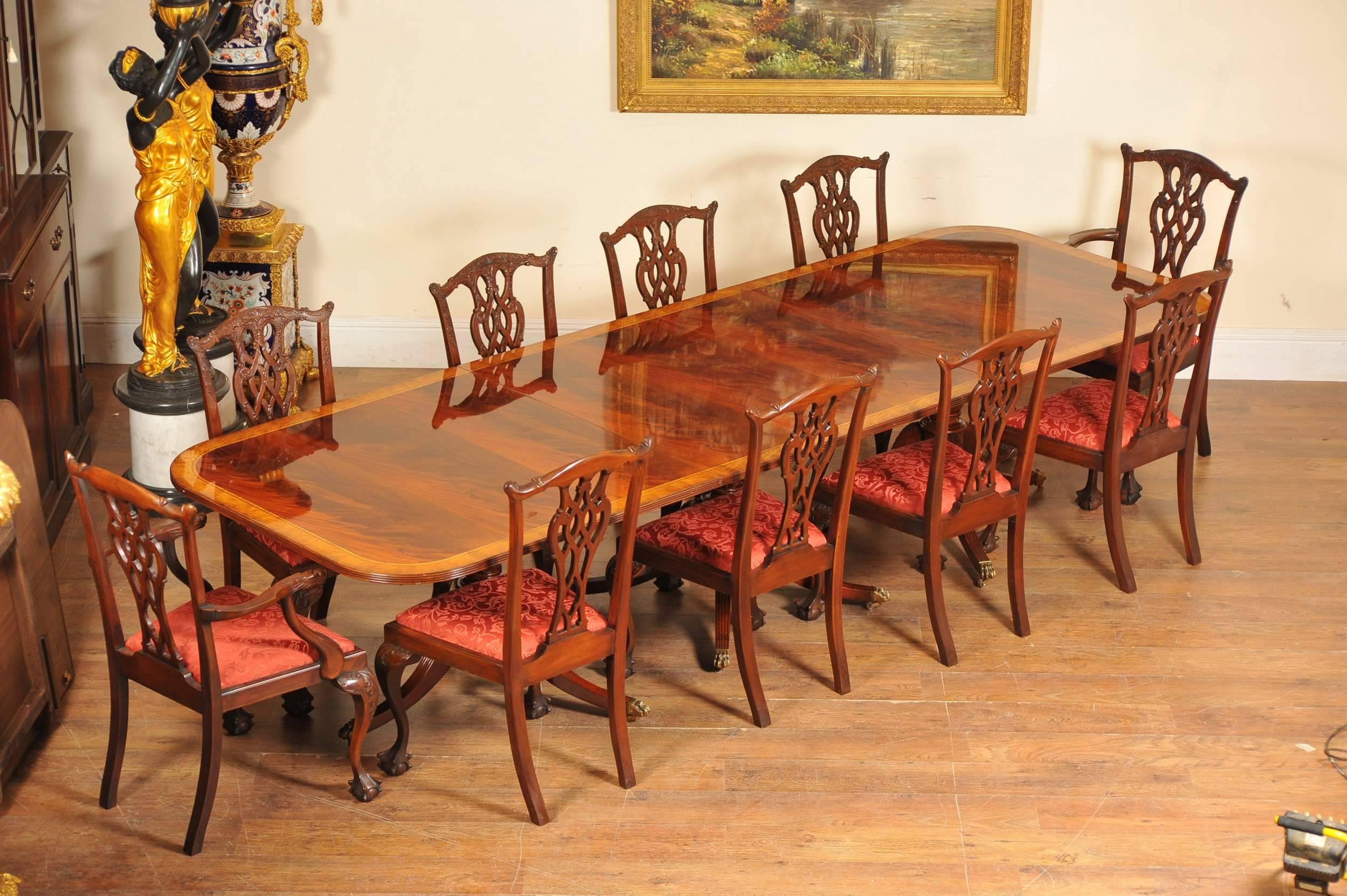 Regency Style Dining Set Pedestal Table and Ten Chippendale Chairs Mahogany For Sale 1