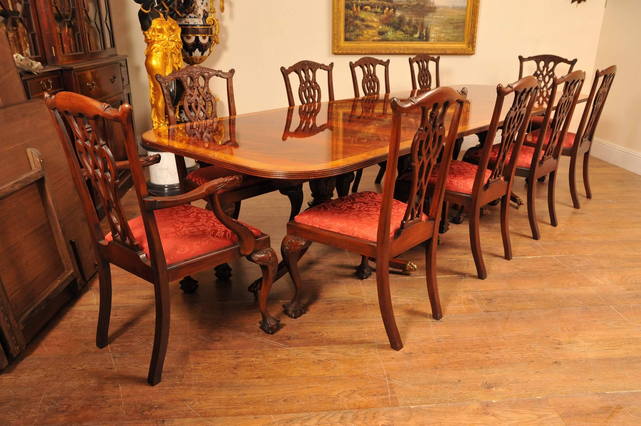 Regency Style Dining Set Pedestal Table and Ten Chippendale Chairs Mahogany For Sale 4