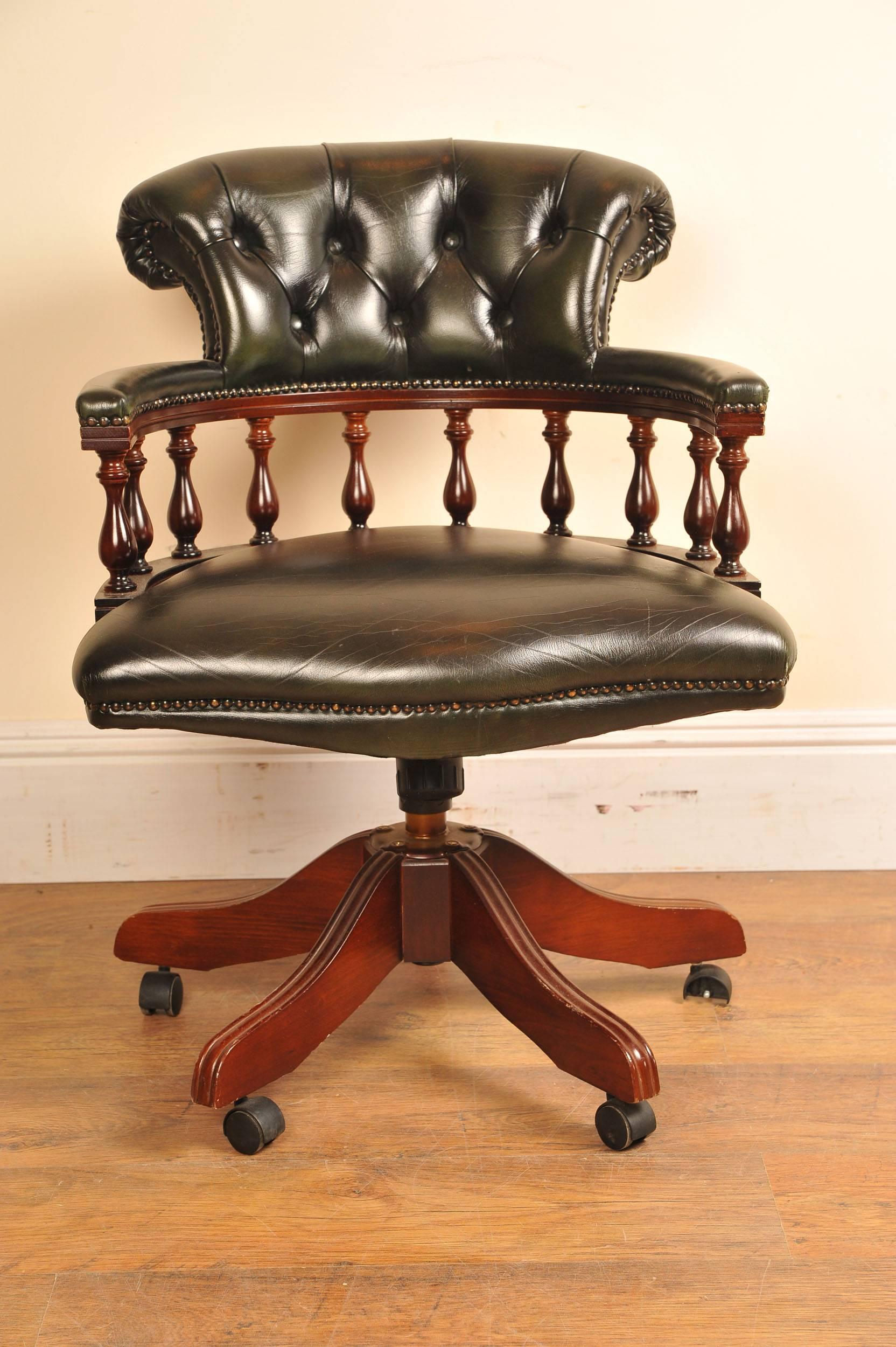Victorian Leather Captains Tub Chair Swivel Office Desk Seat For Sale