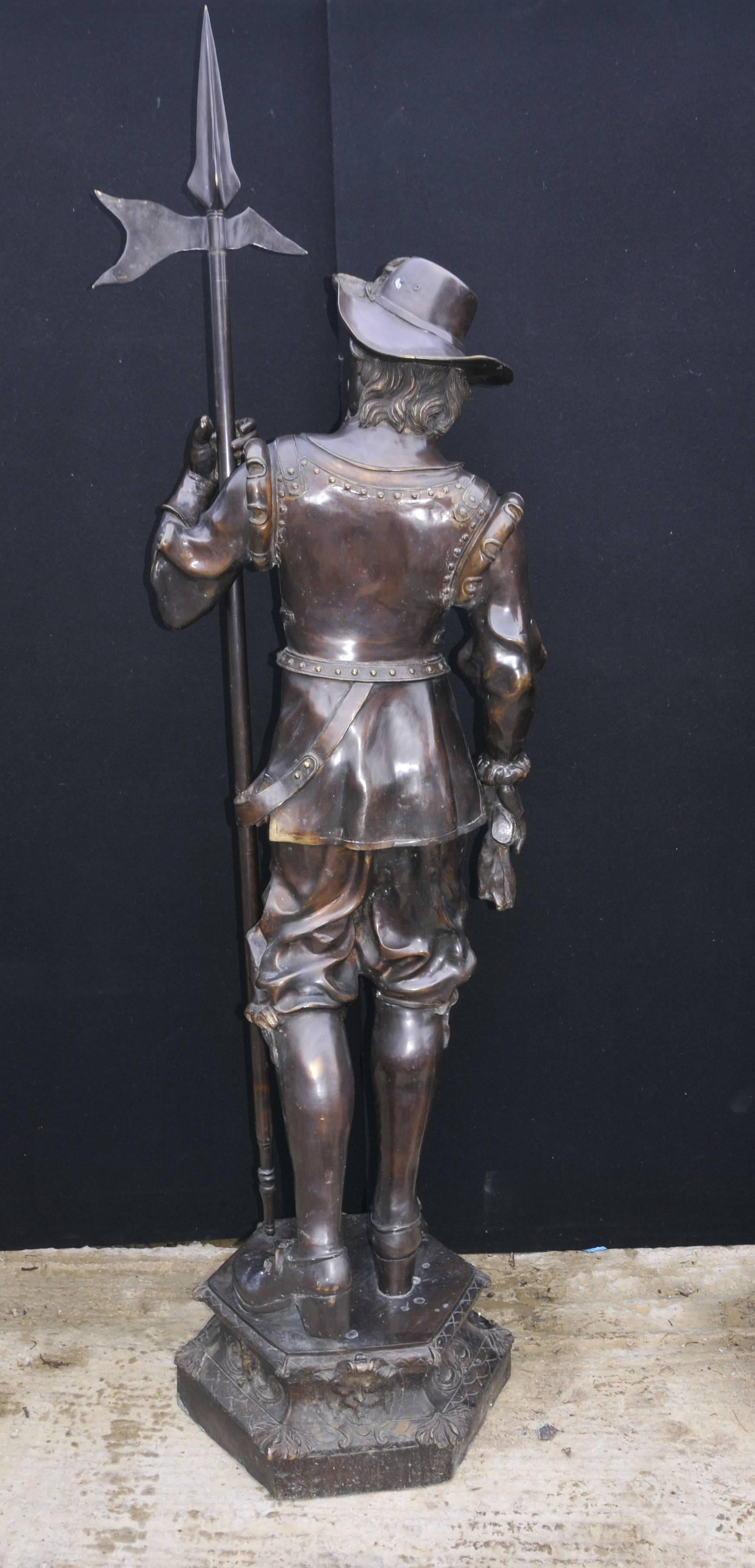 We are pleased to offer this lifesize pair of bronze English cavaliers.
Such a good sartorial look to these dudes, ever so foppish and dandy and still influential in the worlds of music and fashion.
Flash back to the 1600s and the cavaliers were