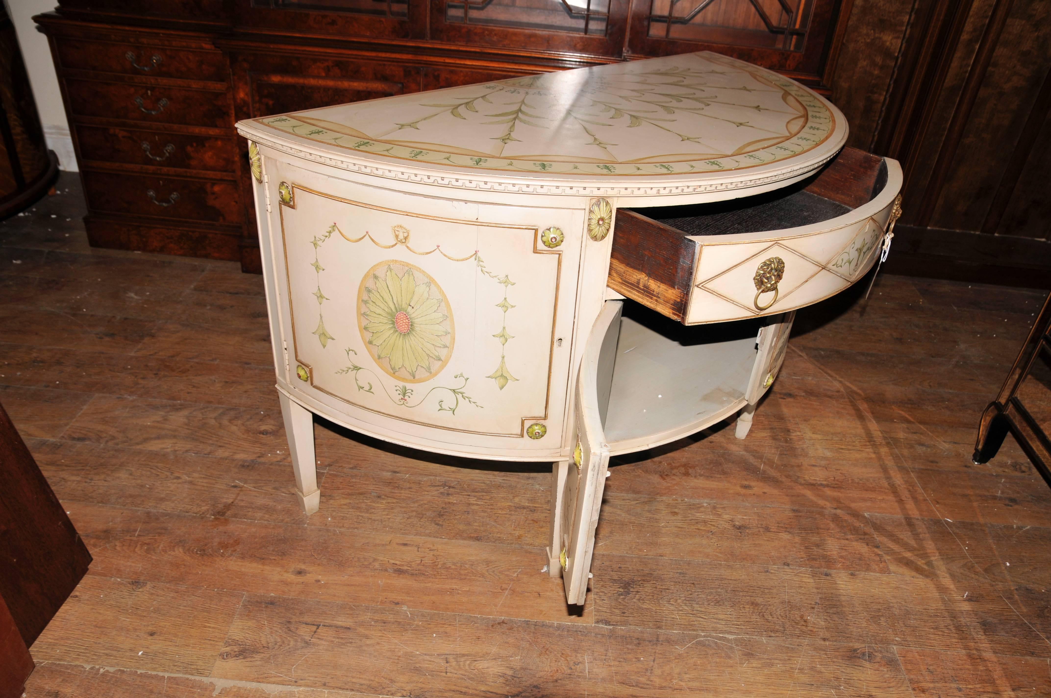 French Louis XV Style Painted Demilune Cabinet Commode Chest For Sale 6