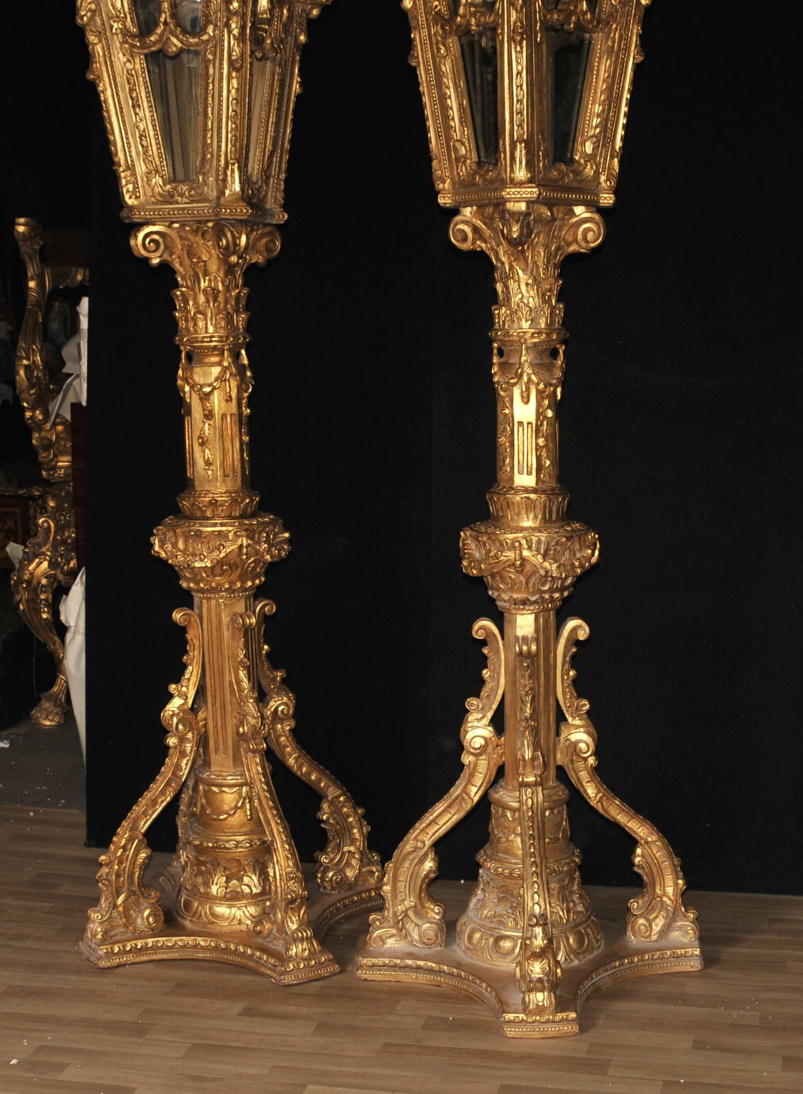 Mid-20th Century Pair of XL Italian Giltwood Lamps Architectural Lighting Lantern For Sale