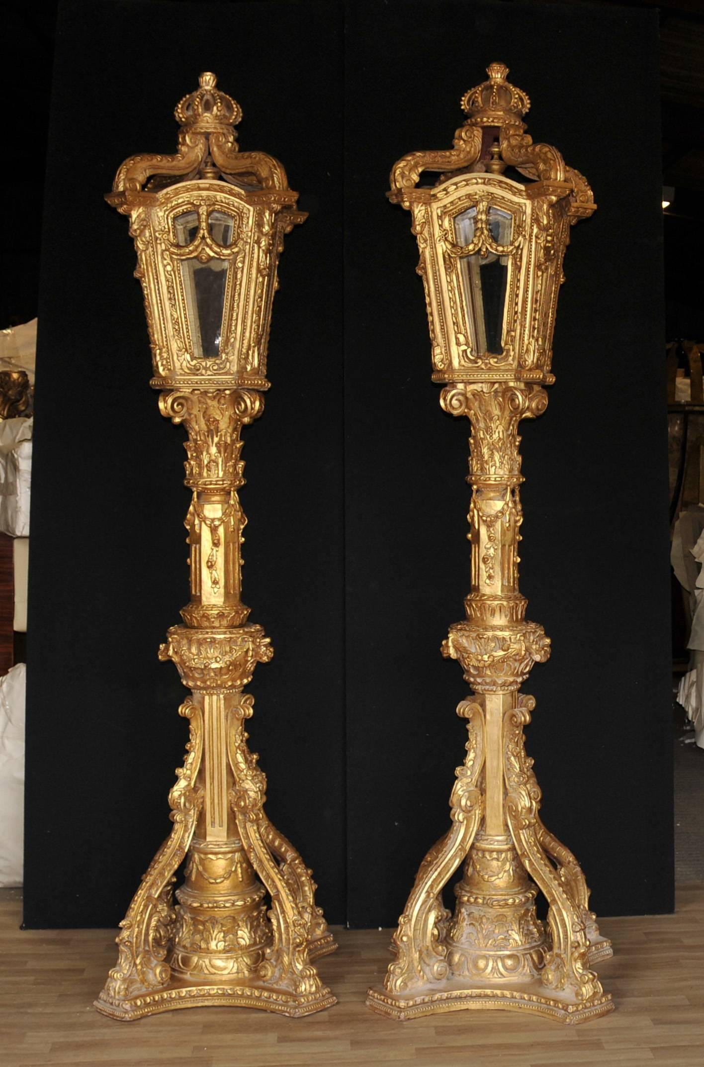 Pair of XL Italian Giltwood Lamps Architectural Lighting Lantern For Sale 1