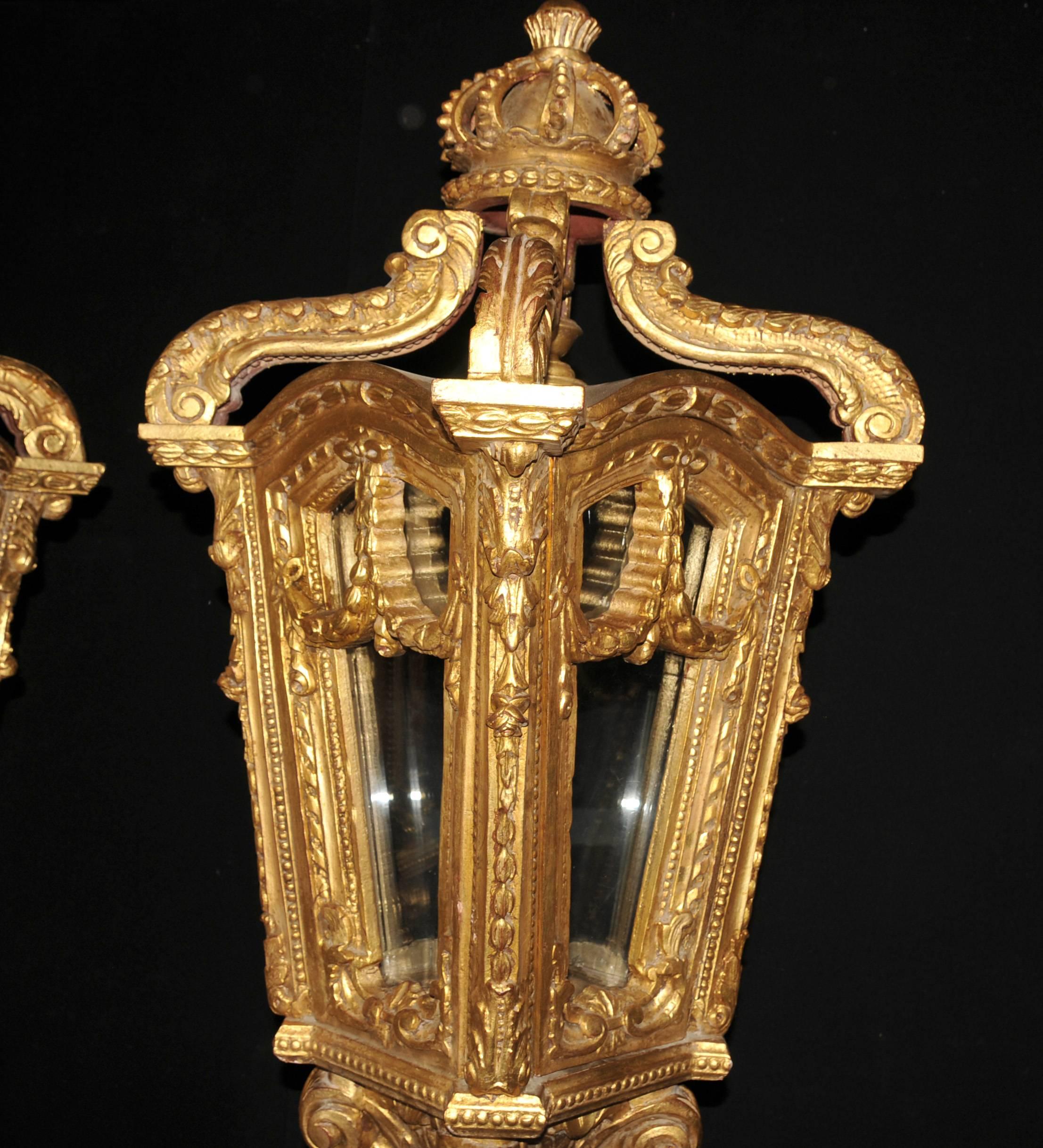 Pair of XL Italian Giltwood Lamps Architectural Lighting Lantern For Sale 6