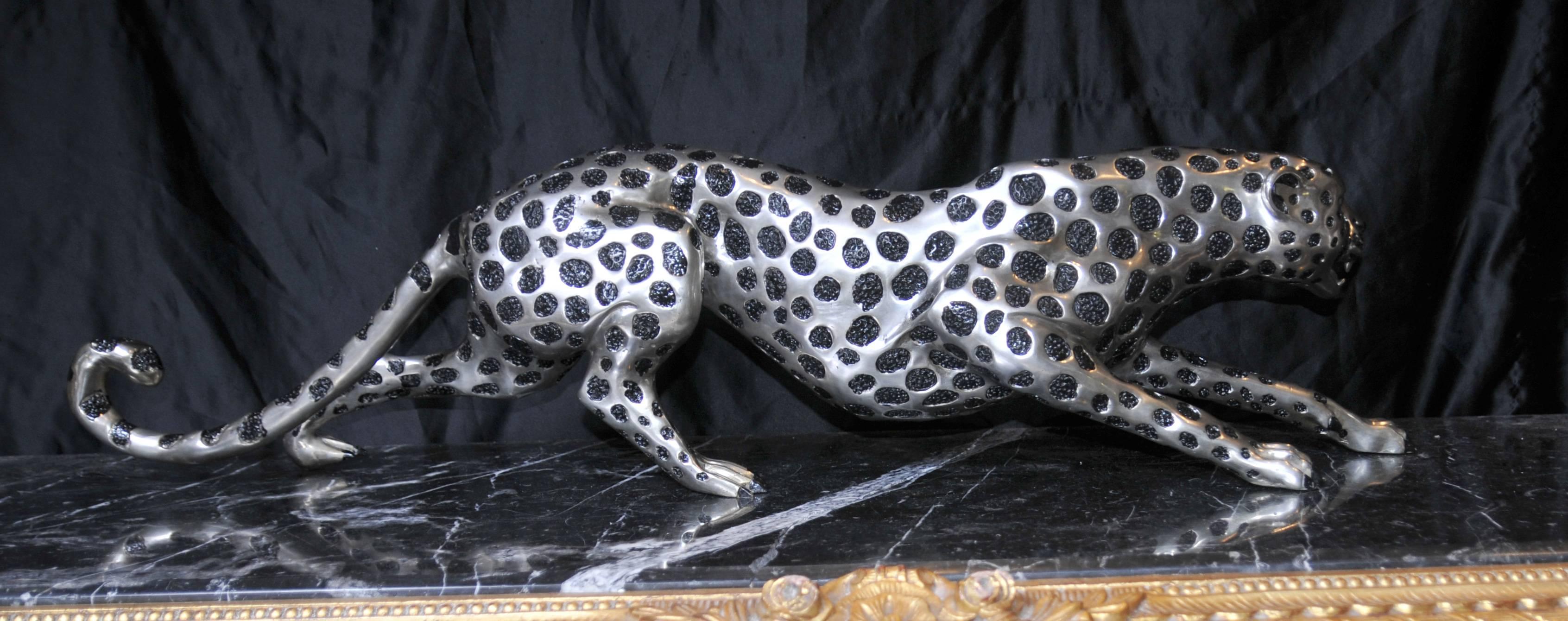 Late 20th Century Art Deco Style Silver Bronze Cheetah Statue Cats Leopard