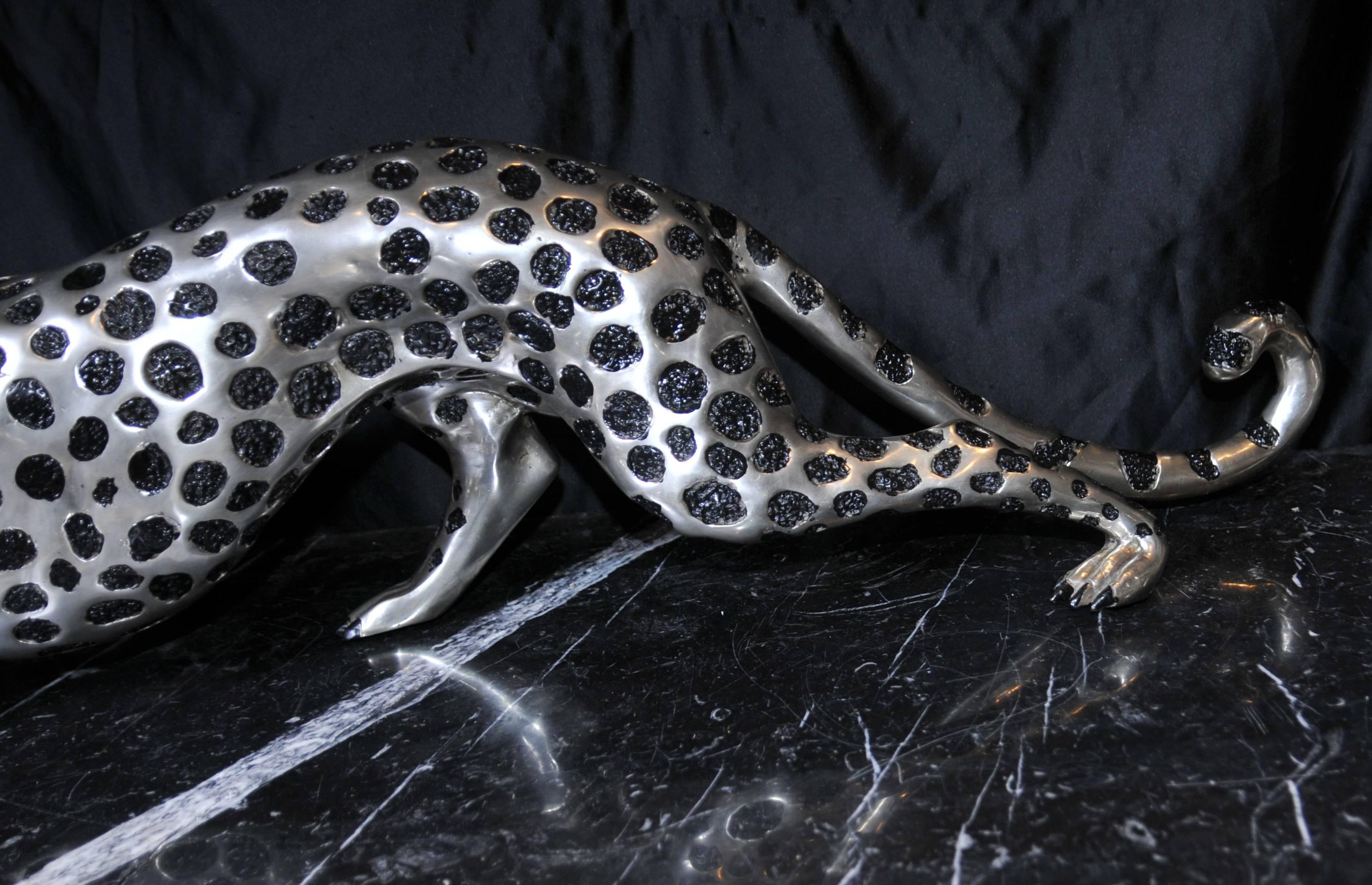 Art Deco Style Silver Bronze Cheetah Statue Cats Leopard 1