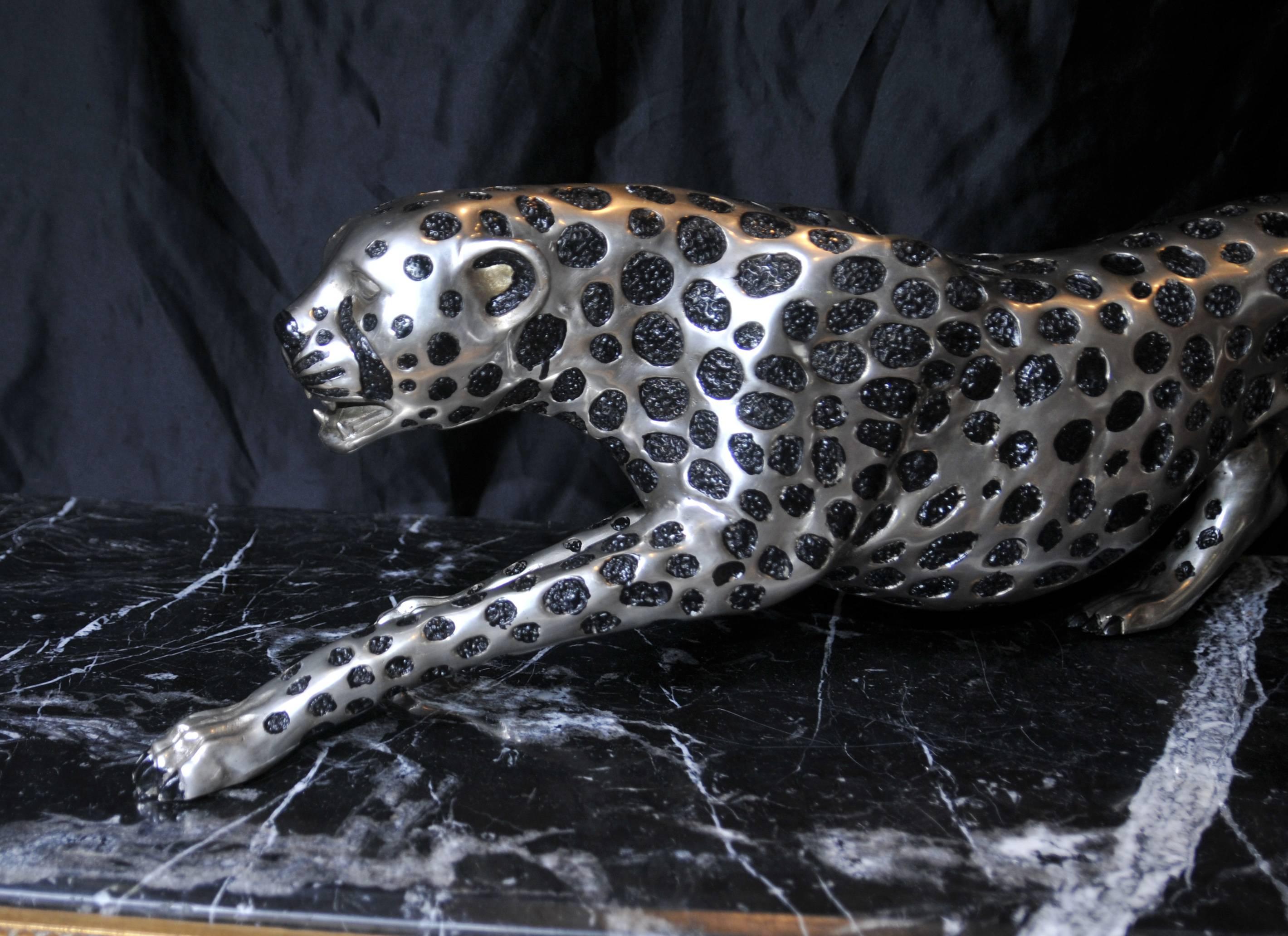 Art Deco Style Silver Bronze Cheetah Statue Cats Leopard 2