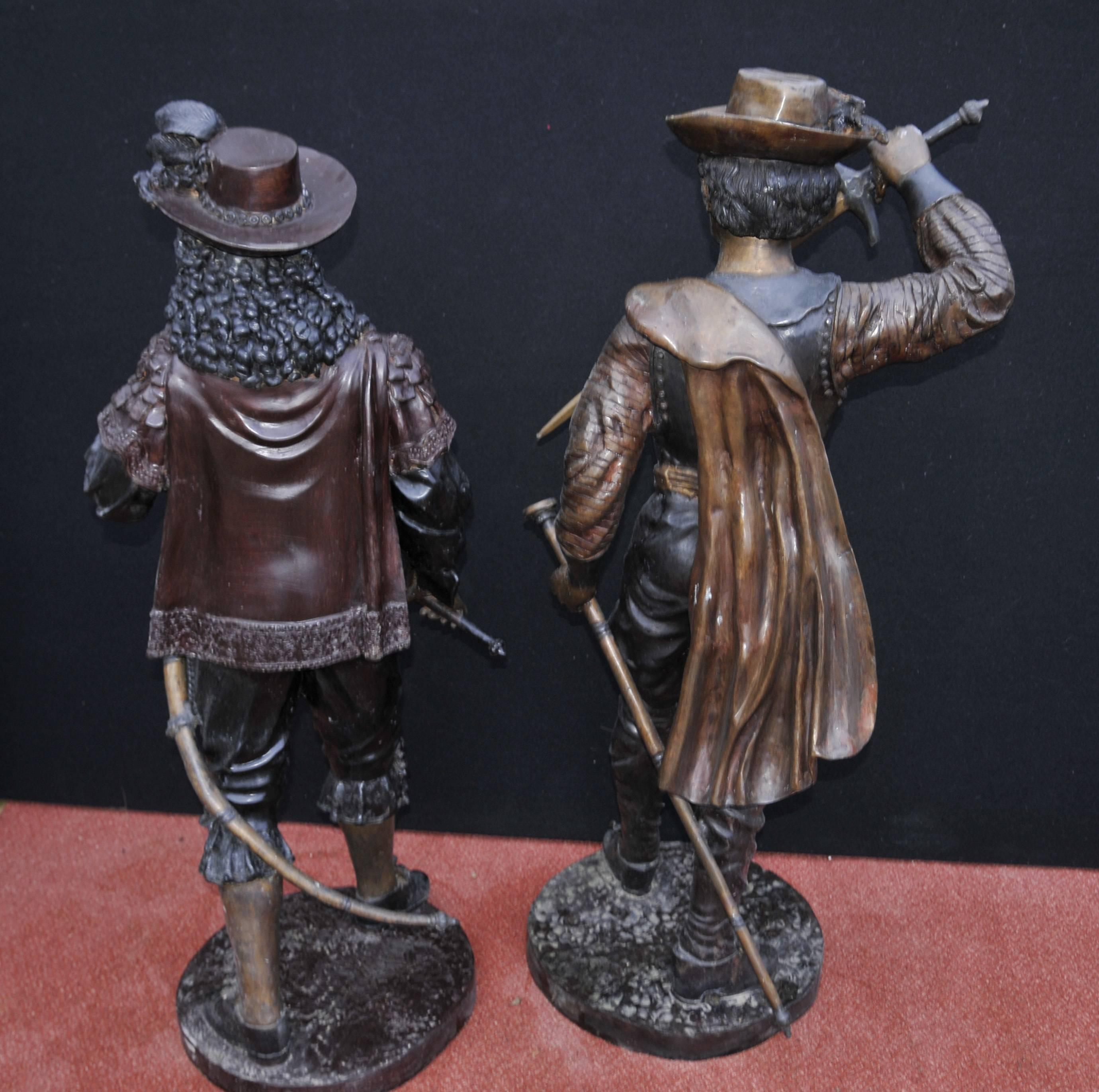European Pair of English Bronze Cavalier Soldiers Charles I Statues For Sale