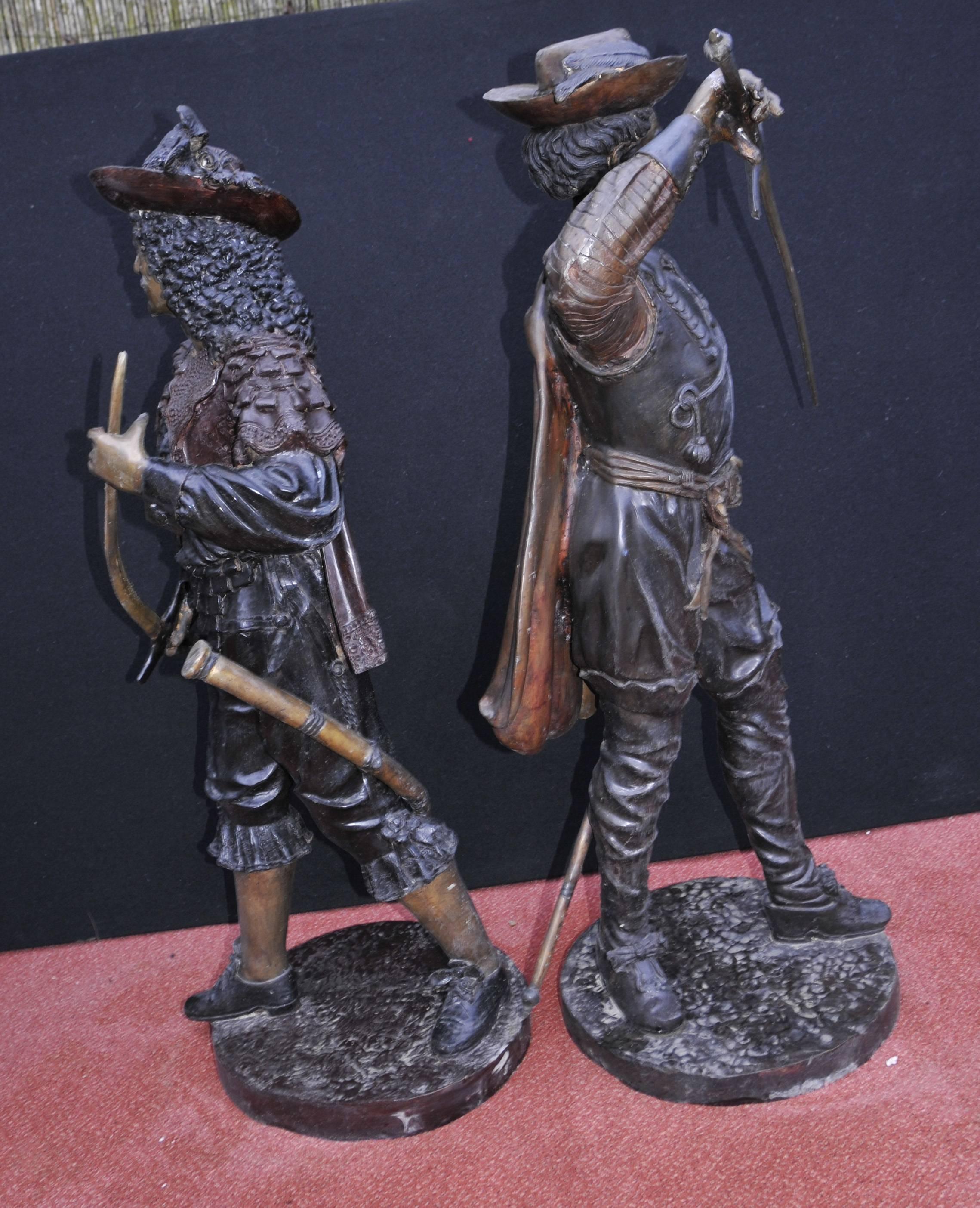 20th Century Pair of English Bronze Cavalier Soldiers Charles I Statues For Sale