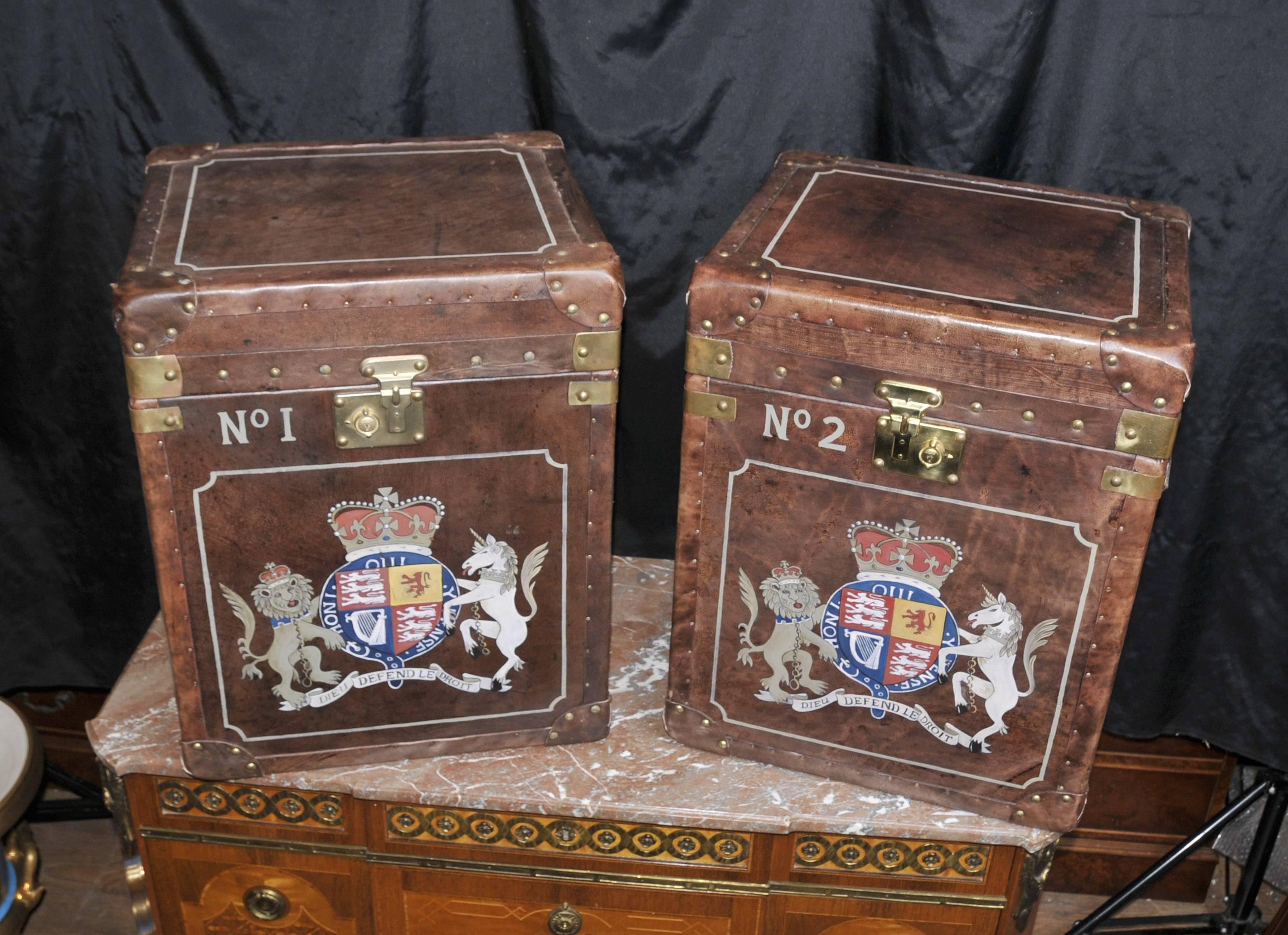 Available to view in the Canonbury Antiques Hertfordshire showroom, just 25 minutes north of London.
Gorgeous pair of English steamer trunk luggage boxes.
Also make great side or coffee tables.
Lovely pair with hand-painted griffin and lion