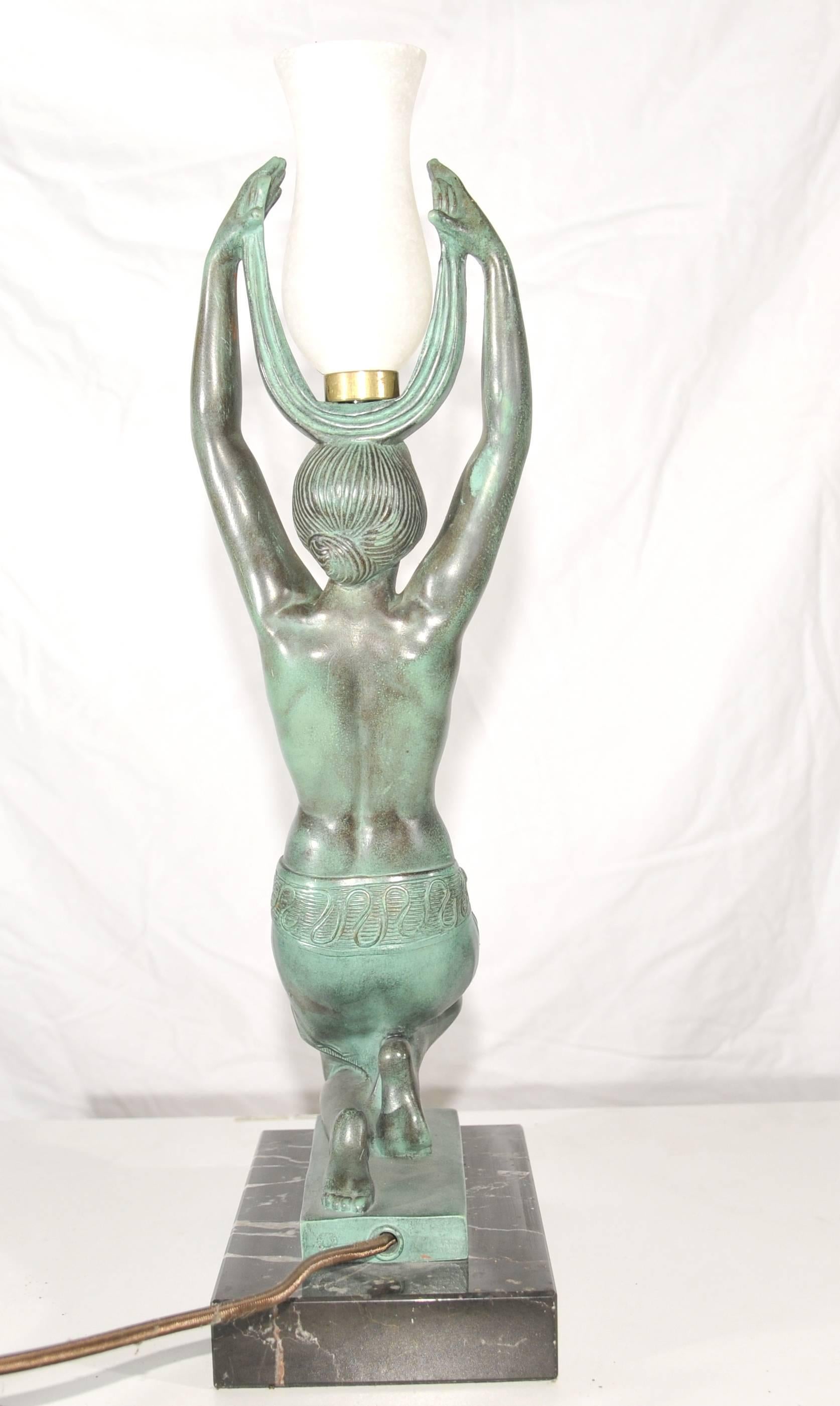 These are based in Los Angeles where we will ship from to anywhere in the world.
Stunning original Art Deco style bronze statue after a model by Fayral.
This work of art is entitled 'L'Oasis.
Piece is signed Fayral who was a pseudonym of famous