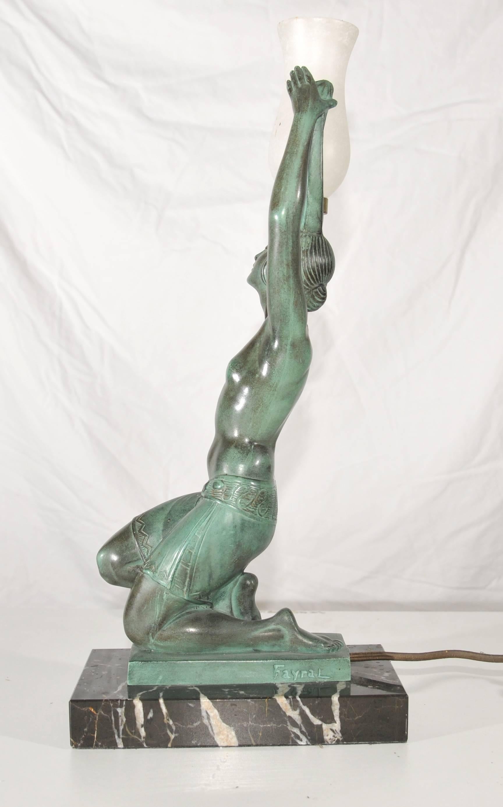 Art Deco Style Bronze Figurine Table Lamp after a model by Fayral Le Verrier For Sale 2
