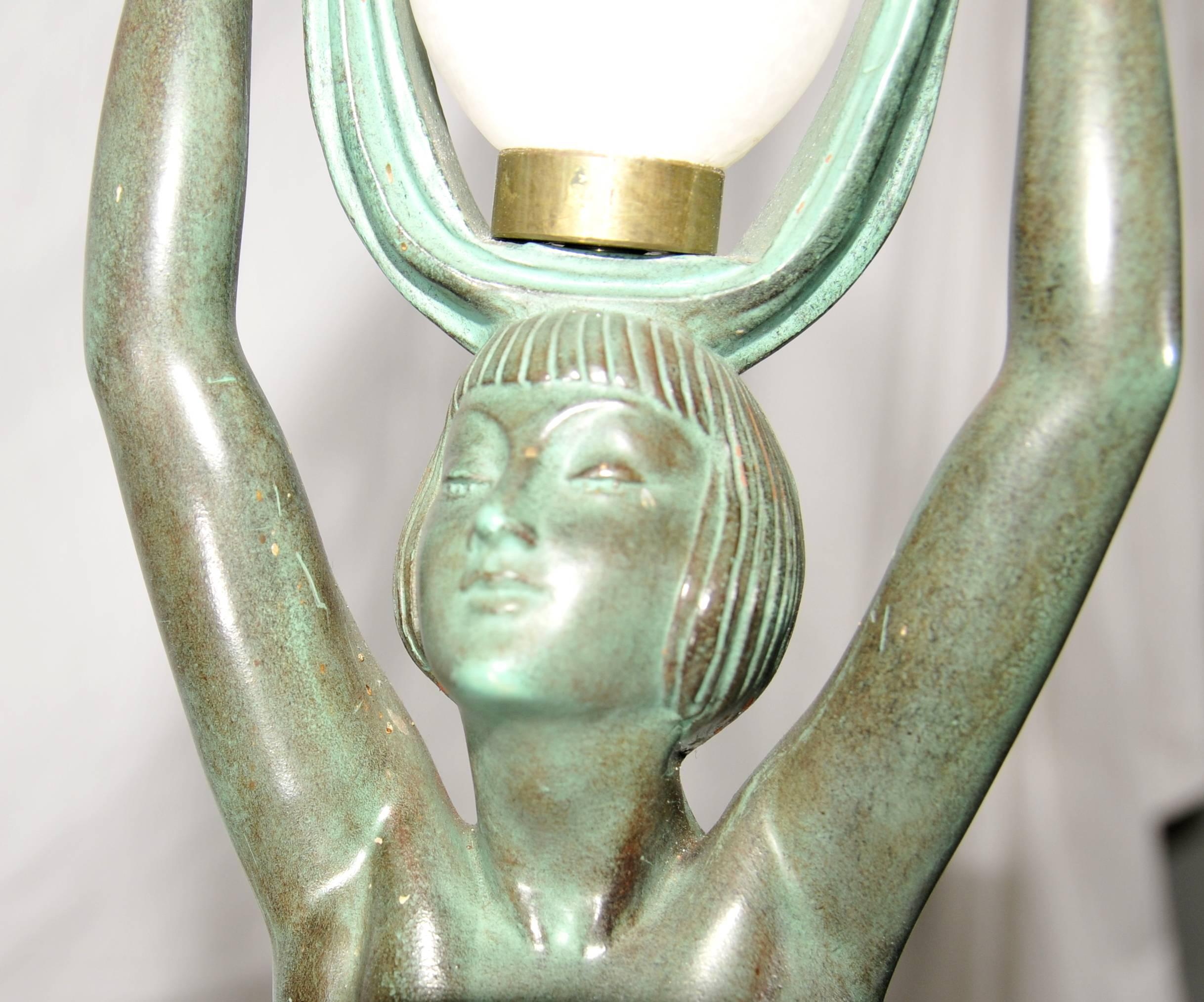 Art Deco Style Bronze Figurine Table Lamp after a model by Fayral Le Verrier For Sale 1