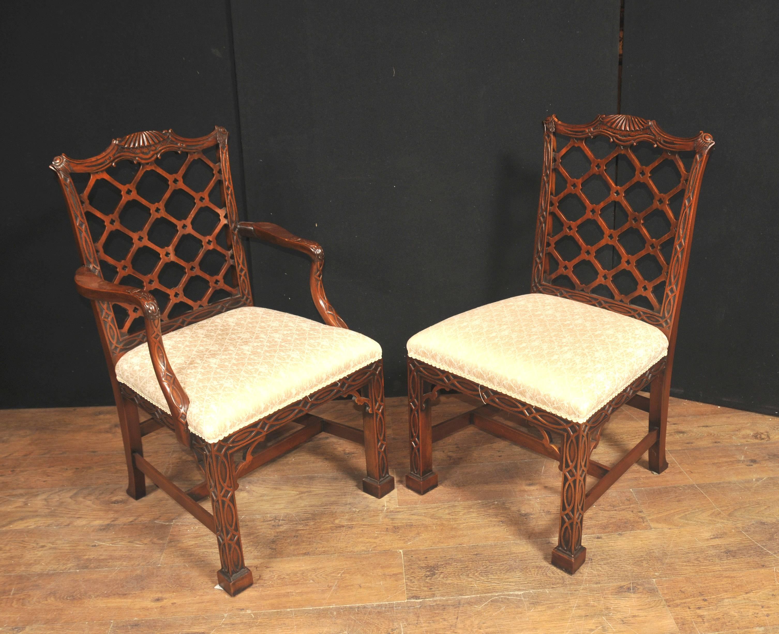 Come and view this set for yourself in our Hertfordshire showroom, 25 mins north of London.
Stunning set of English Chinese Chippendale style dining chairs in mahogany.
These are the Classic Gothic Chippendale look - solid and chunky, very